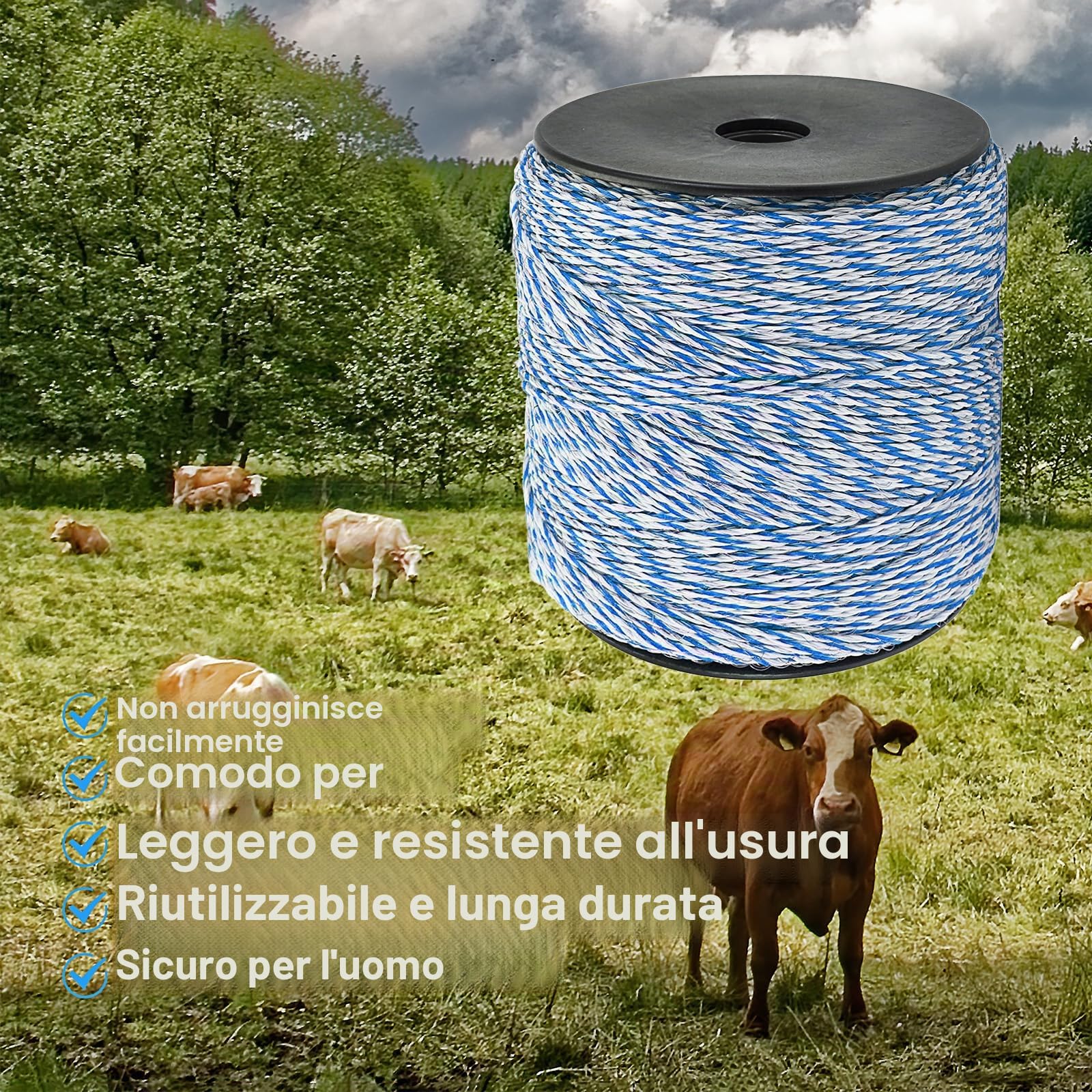Filo per Recinto Elettrico,Corda per Recinzioni Elettriche,500 Metri con 6 Fili Conduttori, Recinzione Metallica per Bestiame in Acciaio Inox, Elettrificati Recinzioni per Animali Cinghiali Mucche