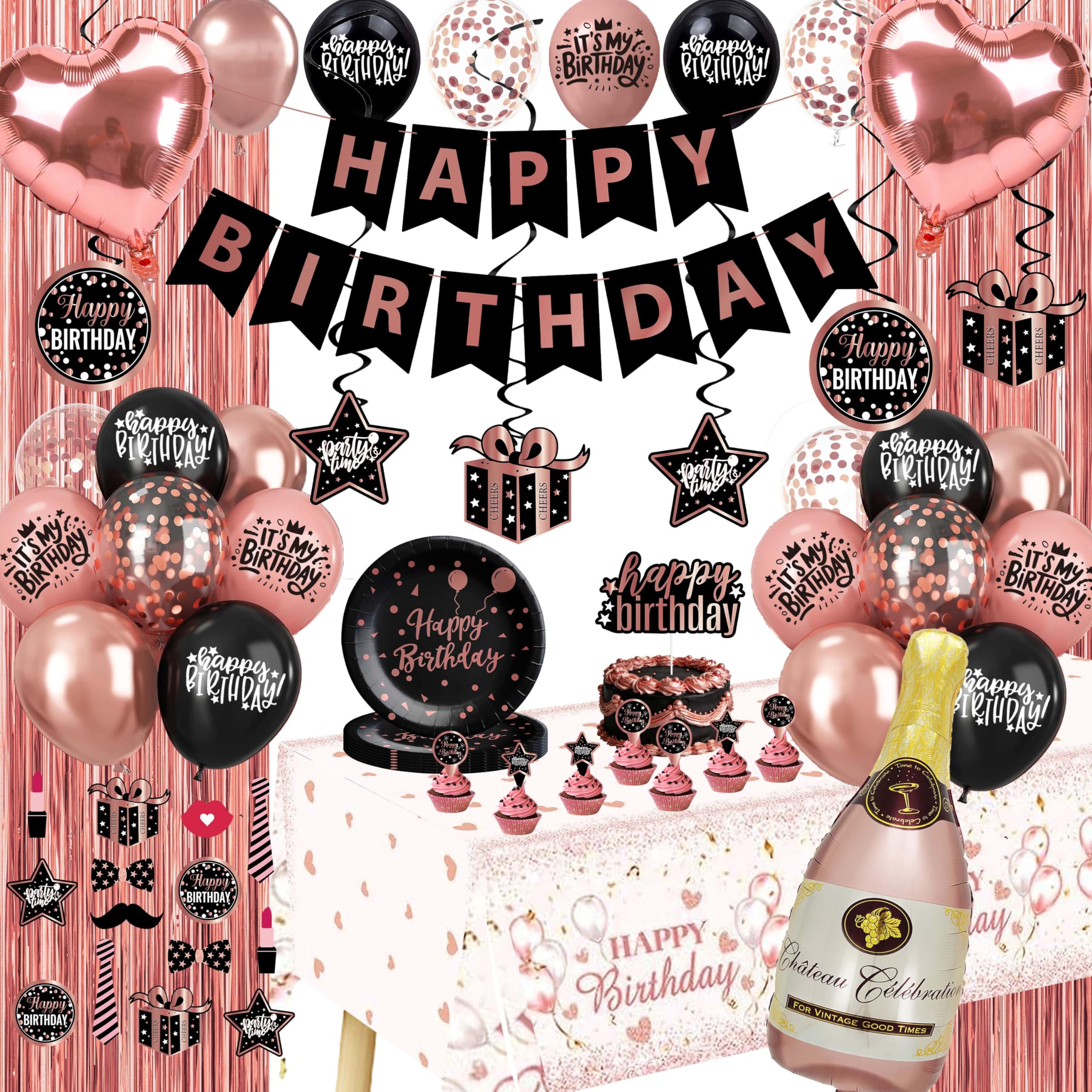 Birthday decorations for women rose gold - (Total 170pcs) happy birthday Supplies for women, Balloons,tablecloth,Foil Backdrops,Plates,Cups,Photo Props,Sash,Tableware for 24 Guests