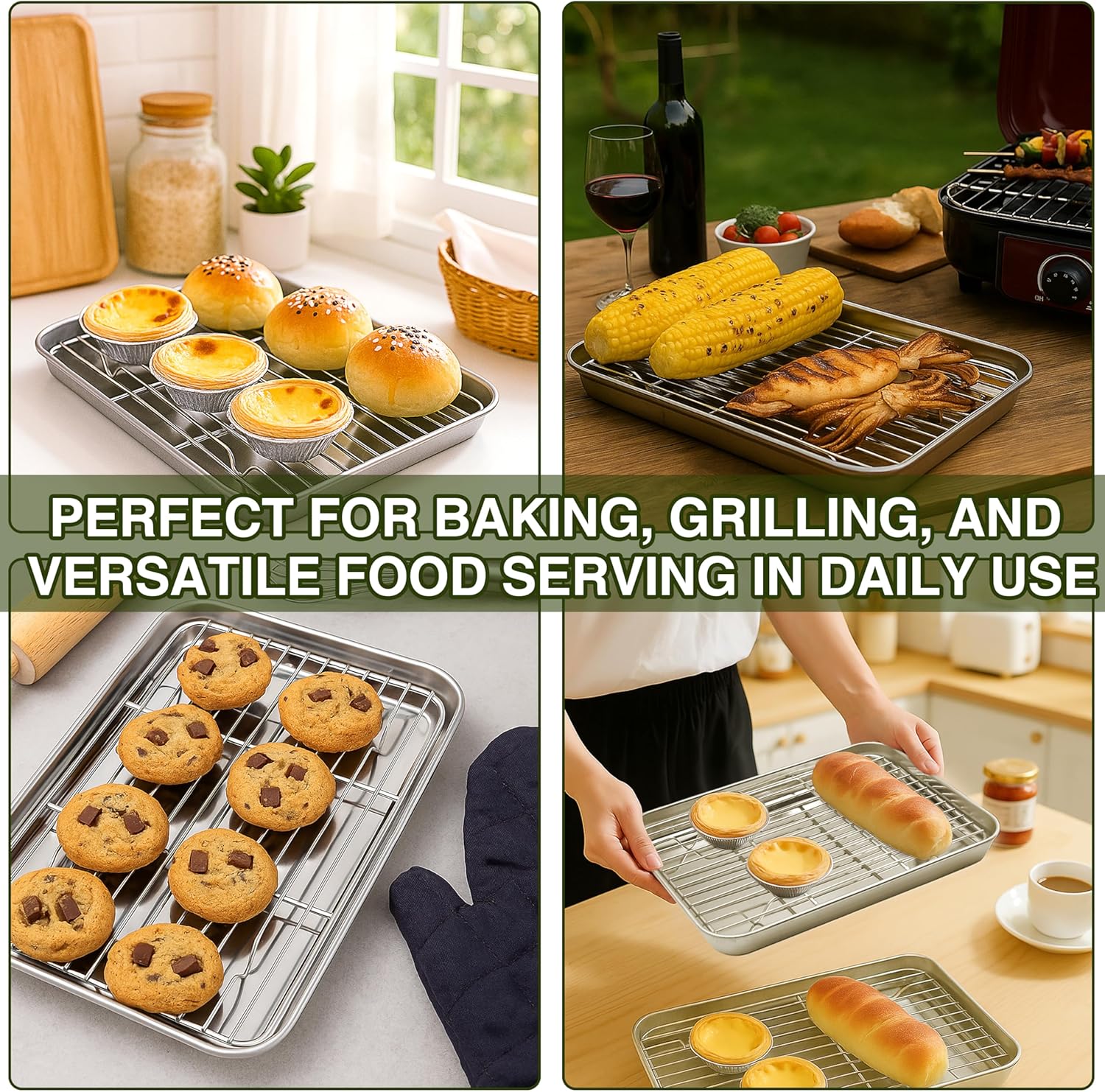 Aspire Baking Sheets and Racks Set, Stainless Steel Oven and Dishwasher Safe Wire Rack, Easy Clean-S + M + L + XL