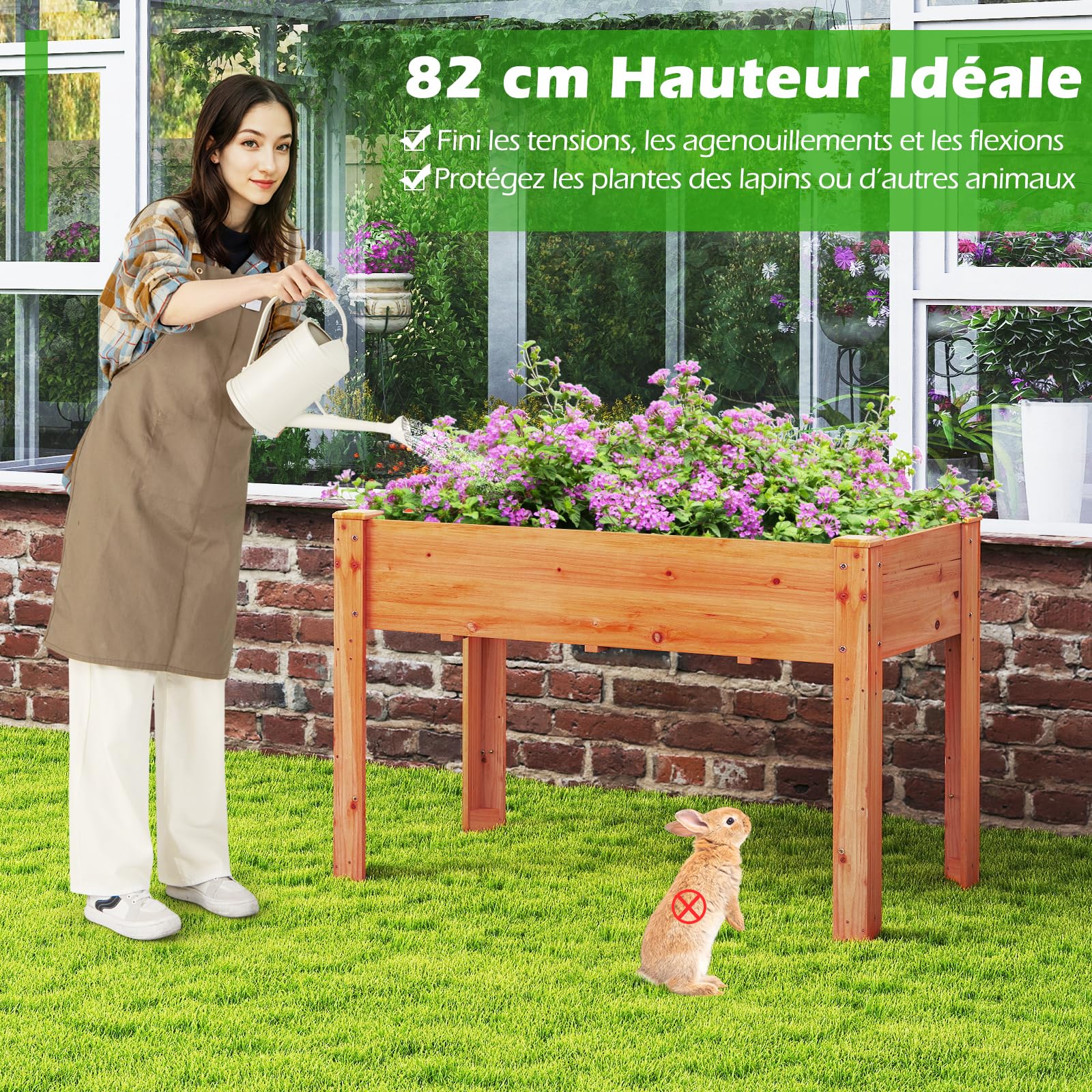 GOPLUS Carré Potager sur Pieds en Bois de Sapin, Jardinière Surélevée Extérieure avec Trou de Drainage, pour Fleurs, Légumes et Fruits, 120,5x60,5x81,5CM (Orange)