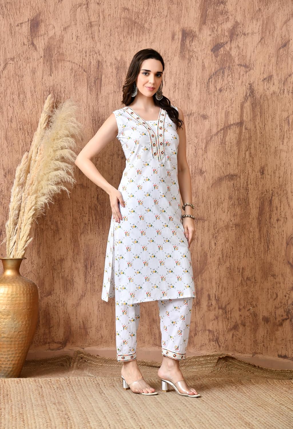 Women's 100% Cotton Kurta Sets, Straight Sleeveless Kurti Set, Festive Kurtis Pant Suit Kurtas Office Wear Trendy
