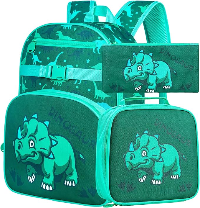 TXHVO 3PCS Dinosaur Backpack, 16” Boys Preschool Bookbag with Lunch Box, Cute