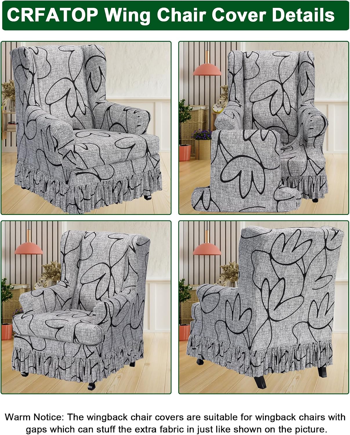 CRFATOP 2 Piece Stretch Wingback Chair Cover with Skirt Printed Wing Chair Slipcovers Spandex Fabric Wingback Armchair Covers with Cushion Slipcover for Living Room Bedroom Wingback Chair,C12