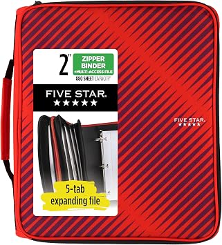 Five Star Zipper Binder, 2 Inch 3-Ring Binder with Round Rings, 5-Tab Expanding File, 380 Sheet Capacity, Fire Red 72538