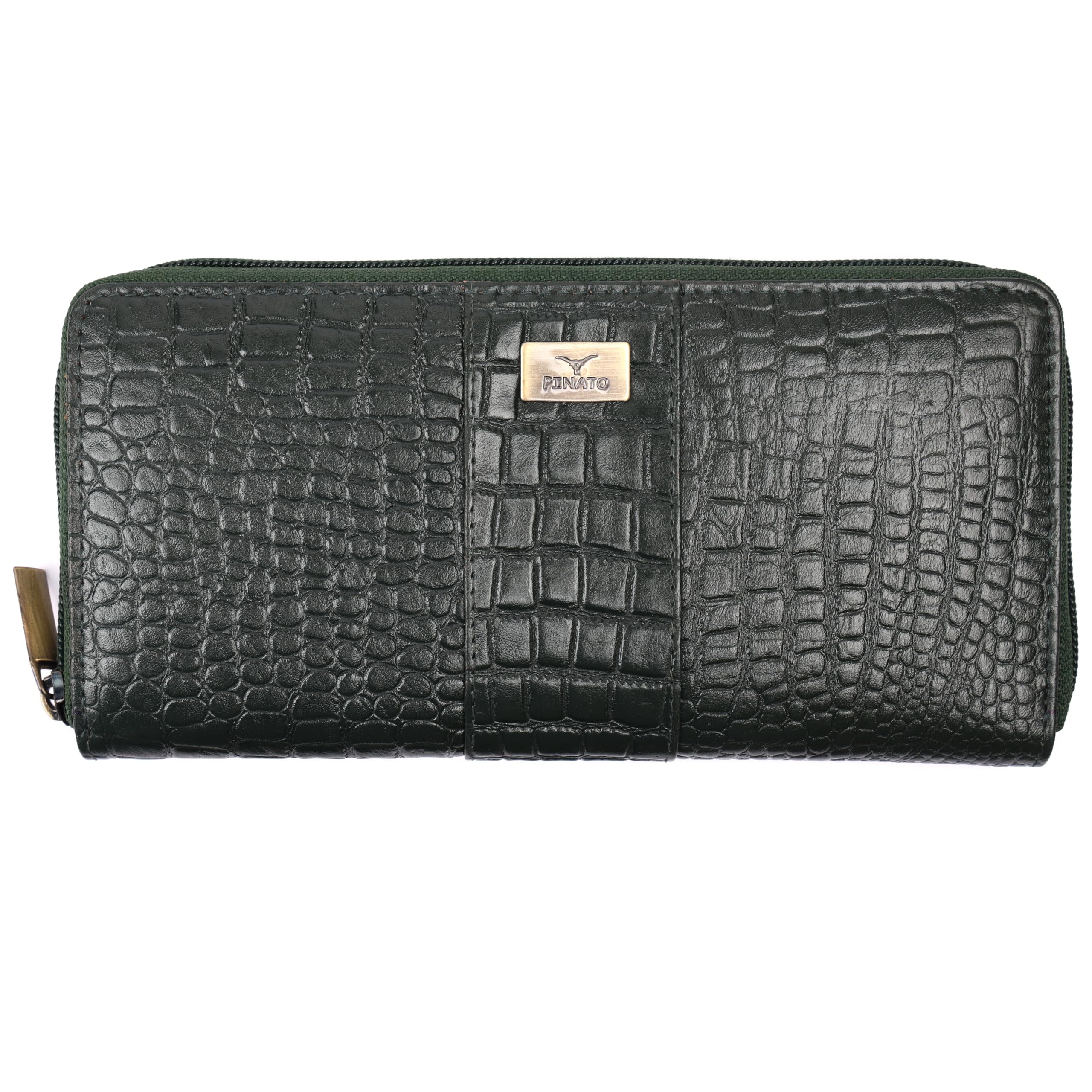 Pinato Handcrafted Genuine Leather Card Holder Wallet for Women - RFID Blocking Slim Envelope Clutch Purse with Multi Card Organizer, Secure Closure, Inner Zipper & Currency Compartment (Olive Croco)