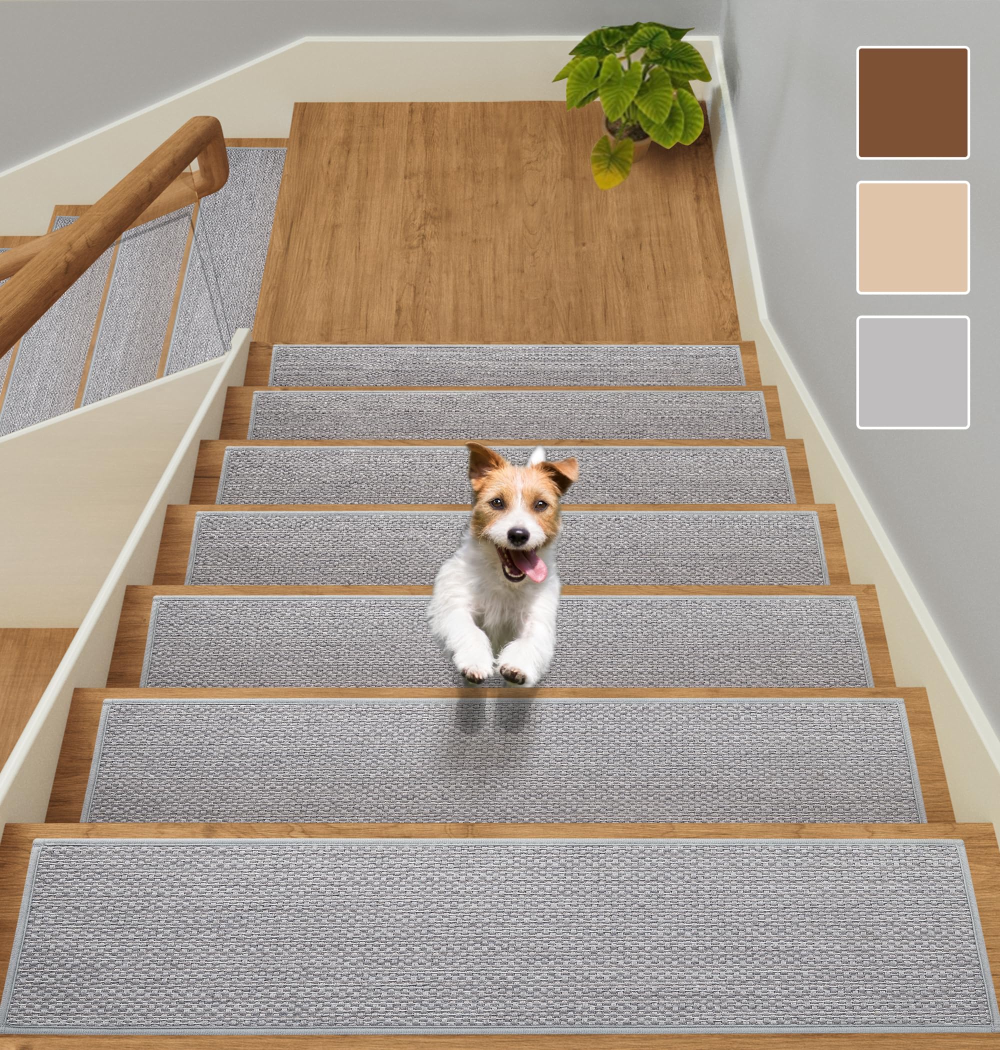 GROWLING Linen Stair Treads for Wooden Steps Indoor 30x8 inch, 15pcs Upgraded Self Adhesive Backing Non Slip Stair Carpets, Peel and Stick Stair Runner Rugs, Reusable Staircase Step Treads(Light Grey)