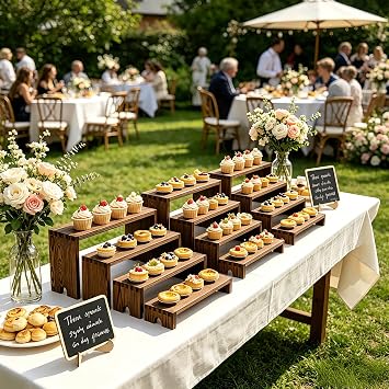 2 Set Widened Wood Tiered Display Stands, Cupcake Stand Buffet Risers | Stackable Modular Design, Chalkboard Signs, No Assembly Required, for Vendor Events Craft Shows