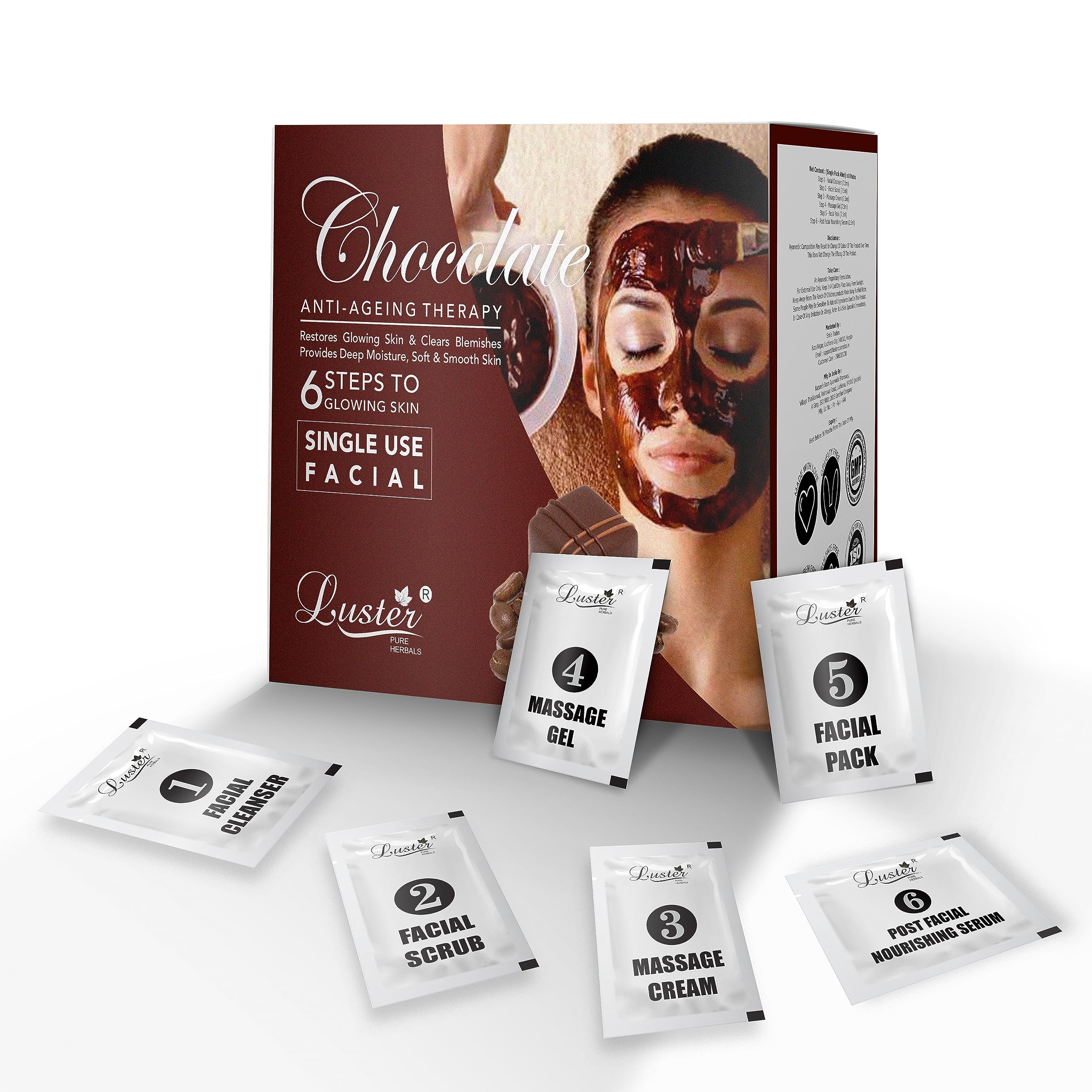 Luster Chocolate Facial kit | Enriched with Cocoa Extracts | 6 Step Facial Kit | Single Use Mini Facial Kit | Helps Smooth & Soft | Facial Kit for Women & Men | Paraben & Sulfate Free-40g