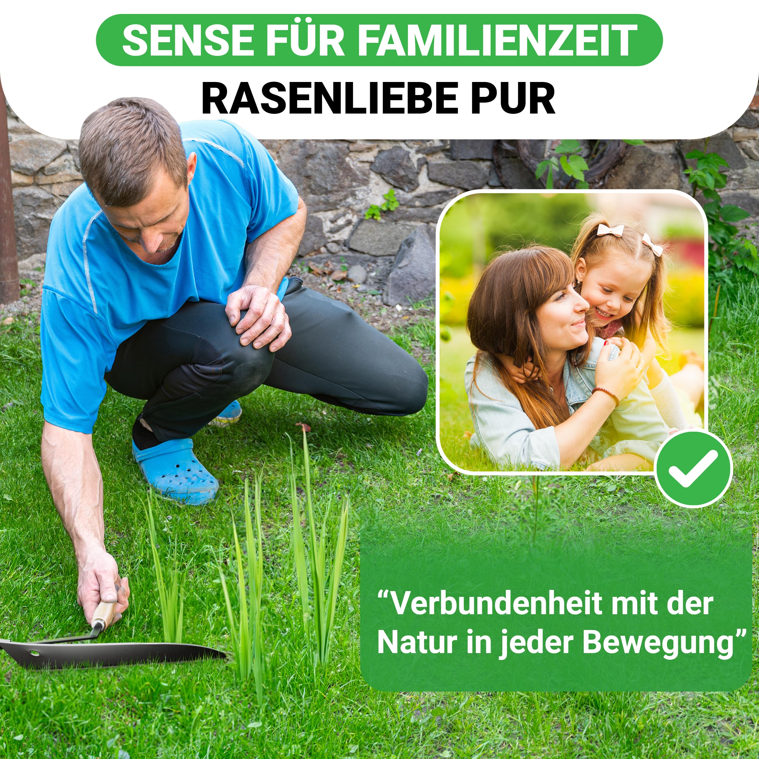 Sensensichel mit Holzgriff - traditionelle scharfe Sichel - nachhaltige Handsense 31x33 cm- inklusive Gratis Schleifstein – robuste Handsense für Gras