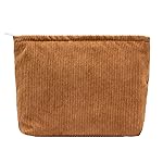 PAZIMIIK Makeup Bag Large Zipper Corduroy Make Up Pouch for Purse Travel Canvas Cosmetic Organizer for Women Brush Storage,Brown