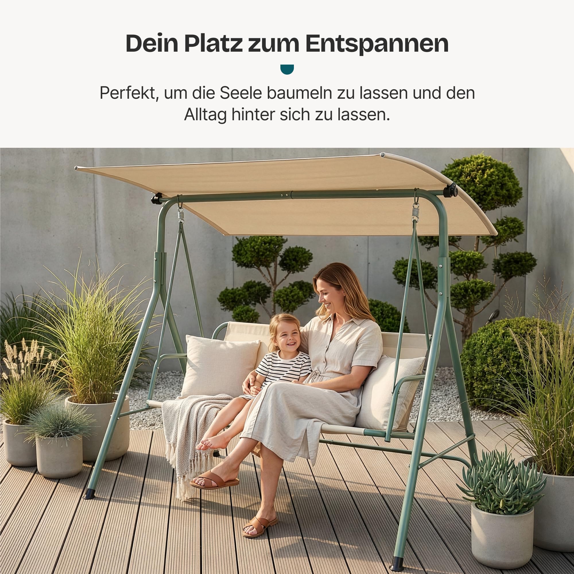 [en.casa] Hollywoodschaukel 3 Sitzer Satten Gartenschaukel Outdoor mit Gestell max. 220 kg mit Dach wetterfest Schaukelbank Balkon 173 x 119 x 153 cm Hellgrün/Beige
