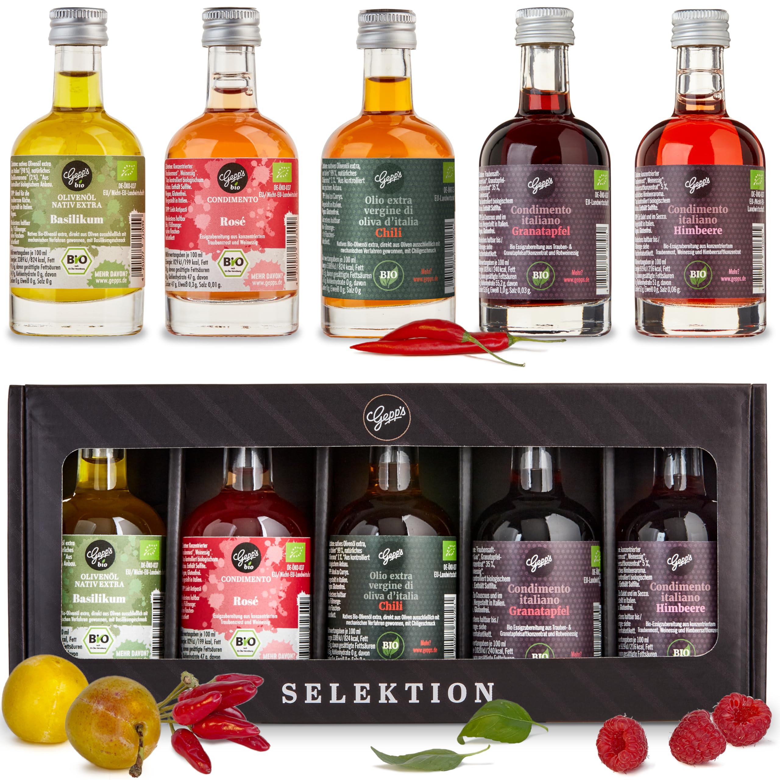 Gepp’s Feinkost Bio Essig und Öl Probier- & Geschenkset I 5 x 50ml hochwertige Essige & Öle in edler Verpackung I Hergestellt nach eigener Rezeptur I Geschenkidee zum Geburtstag