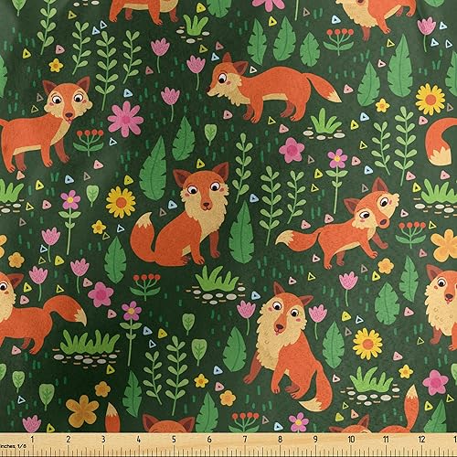 Ambesonne Woodland Fabric by The Yard, Cartoon Illustrated Forest Wild Fox Animals Spring Flowers and Leaves, Decorative Satin Fabric for Home