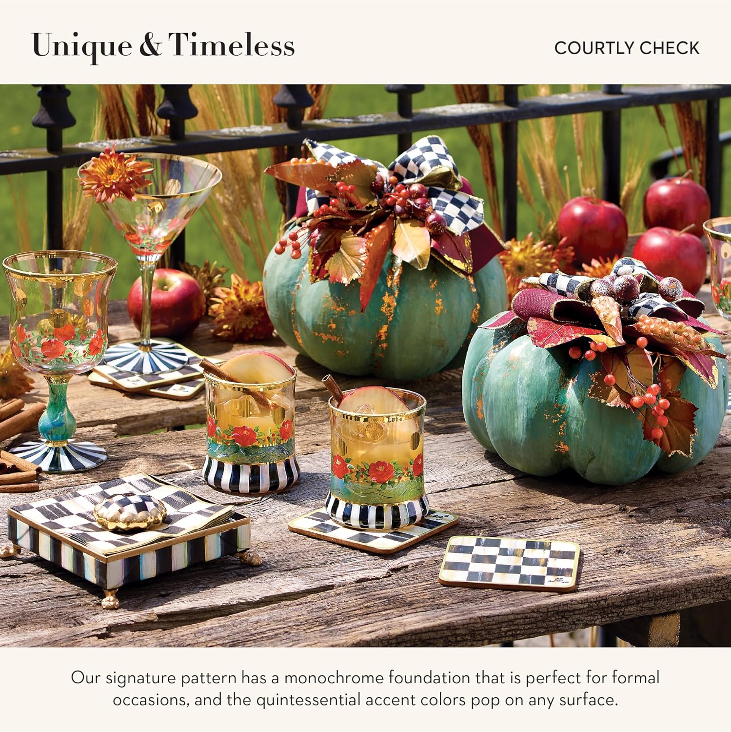 MacKenzie-Childs Square Cork-Back Coaster Set, Table Coasters for Drinks, Set of 4, Black-and-White Courtly Check