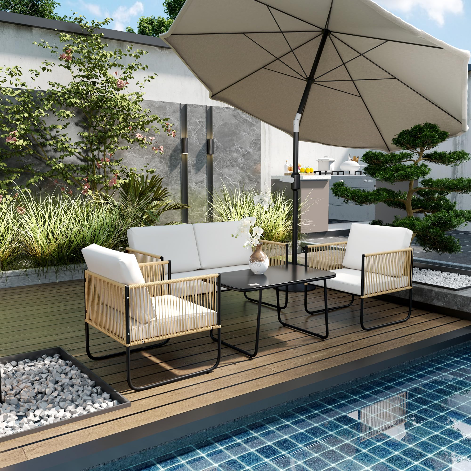 Outsunny Salón de Jardín de Mimbre Resina 4 Personas Crema | Conjunto de balcón: sofá de 2 plazas, sillones, mesa de vidrio, cojines extraíbles