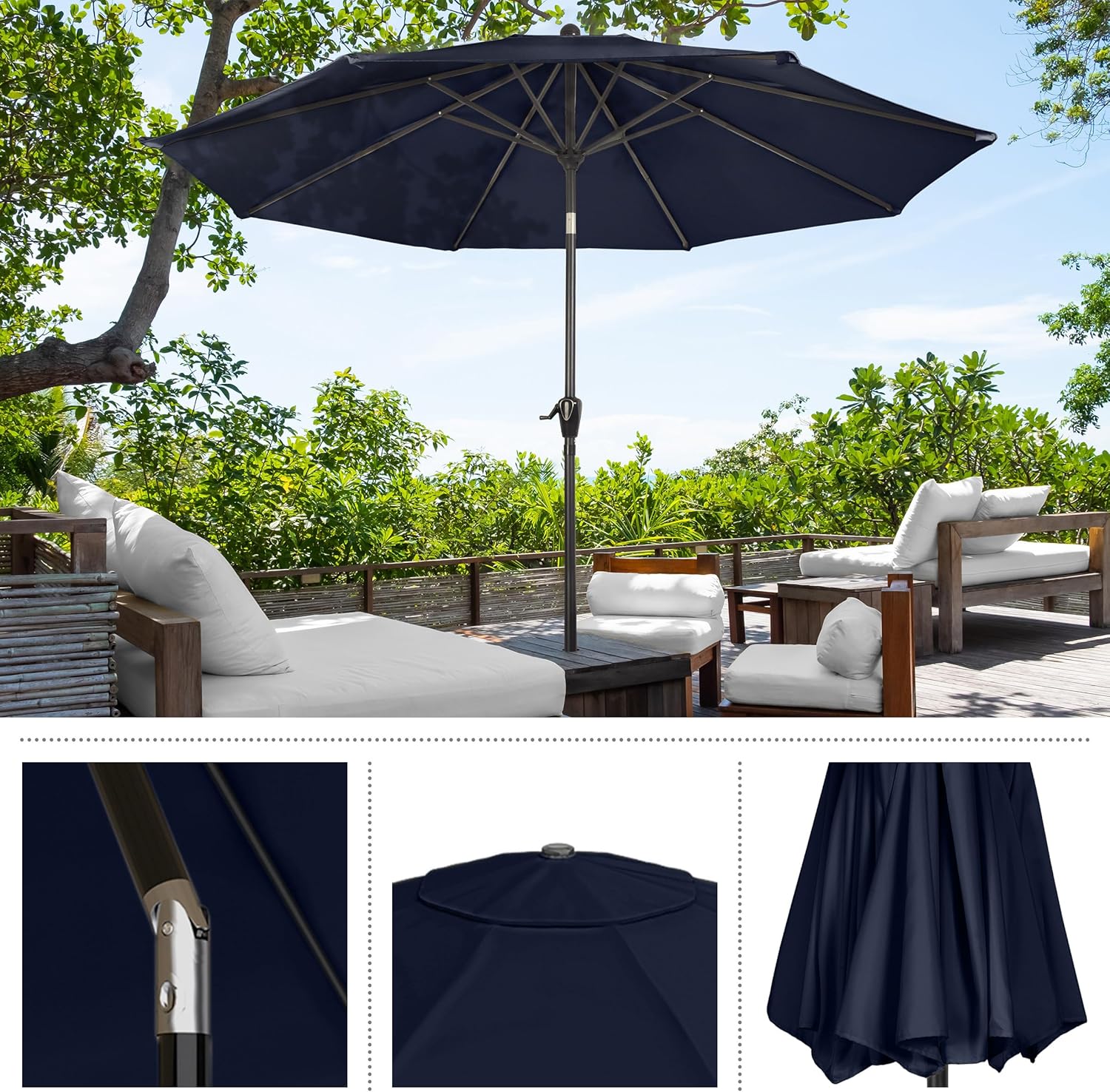 Pure Garden Patio Umbrella with Auto Tilt - 10ft Easy Crank Outdoor Umbrella with Vented Canopy for Deck, Balcony, Porch, Backyard, or Pool (Navy Blue)