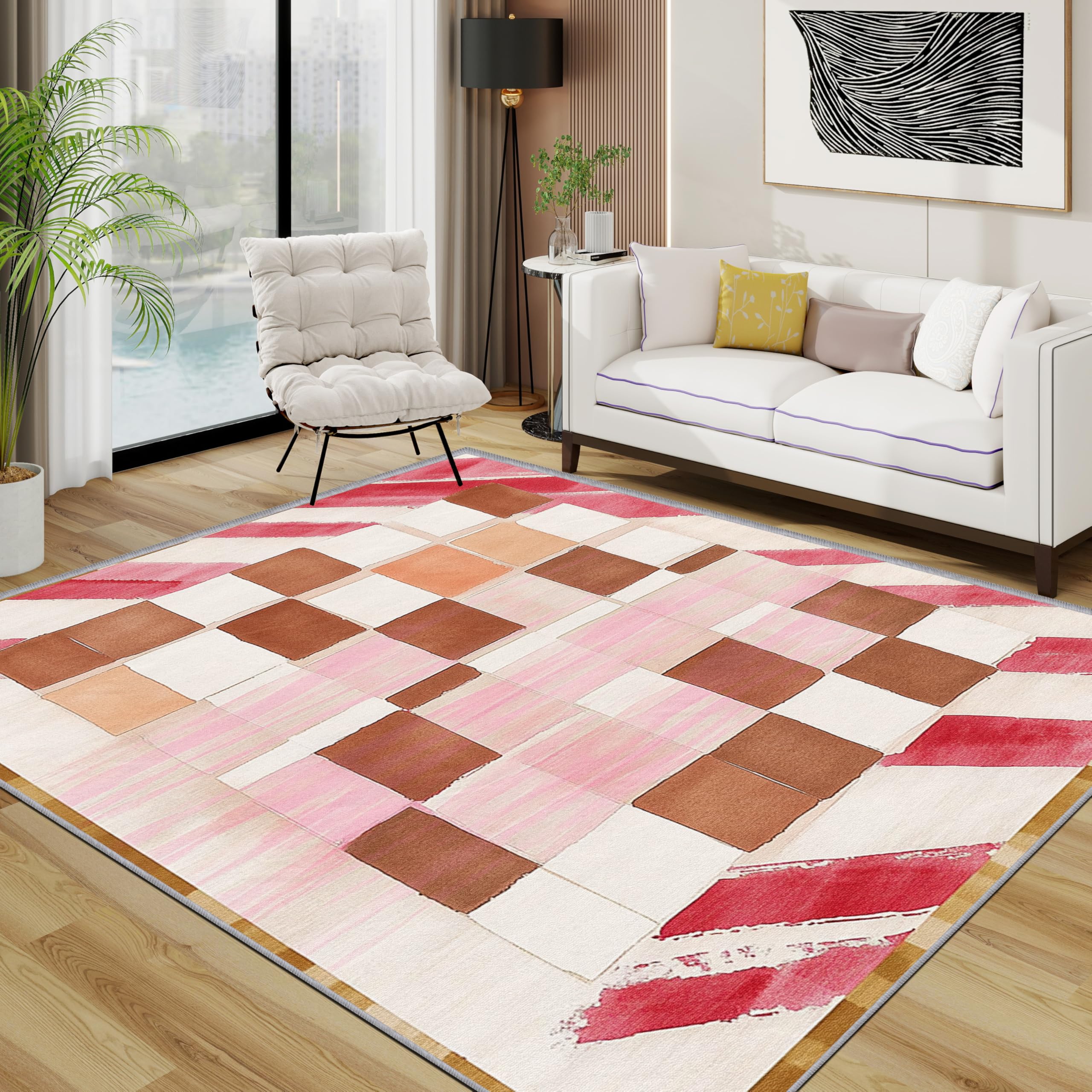 TerroVee Checkerboard Rug - Abstract Modern Pink Small Rugs for Bedroom 60x90, Vibrant Color Floor Mat Soft Washable Non Slip Indoor Mats, Checkerboard Room Decor