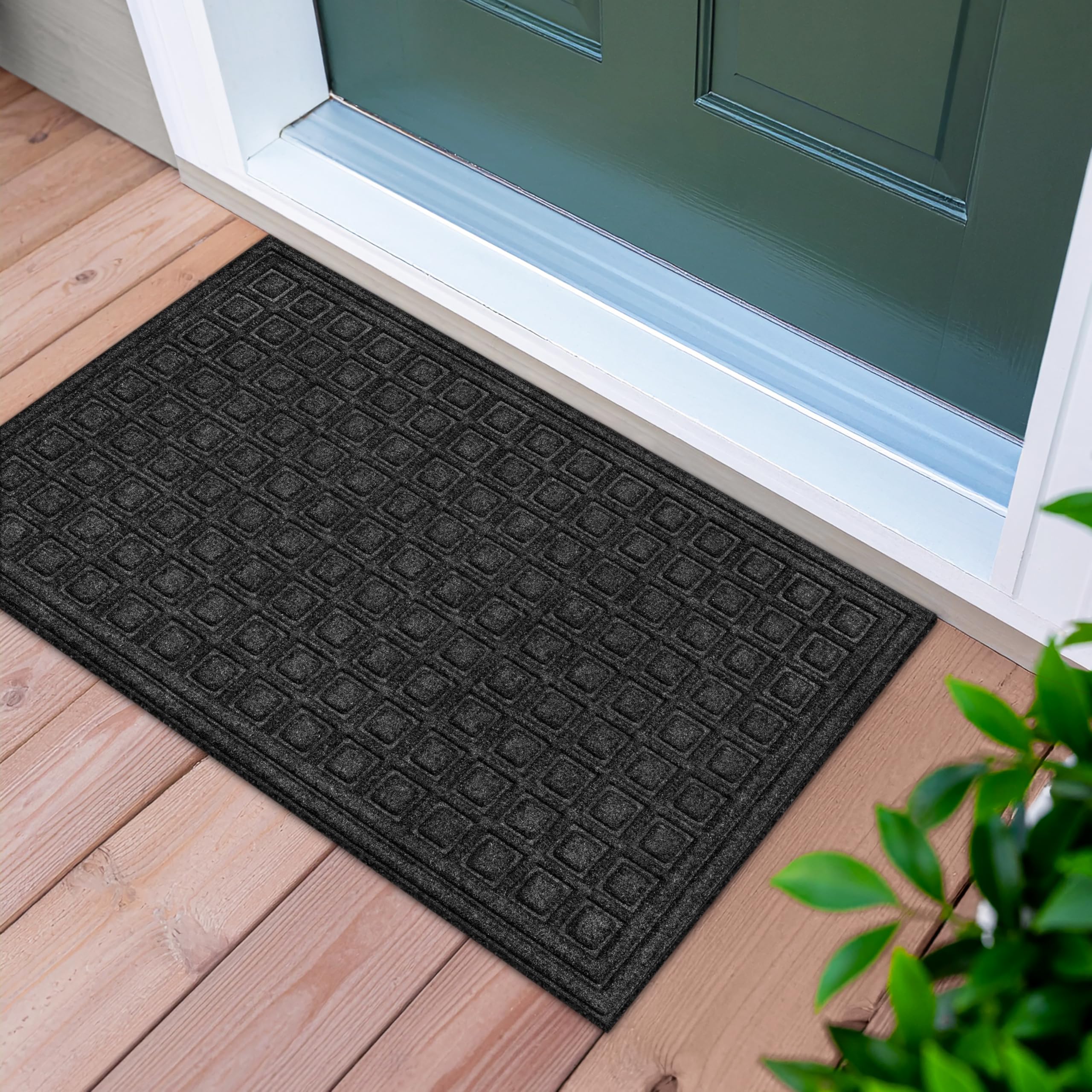 Textures Apache Mills Blocks 18" x 30" Non Slip Weather and Stain Resistant Entrance Door Mat, Onyx