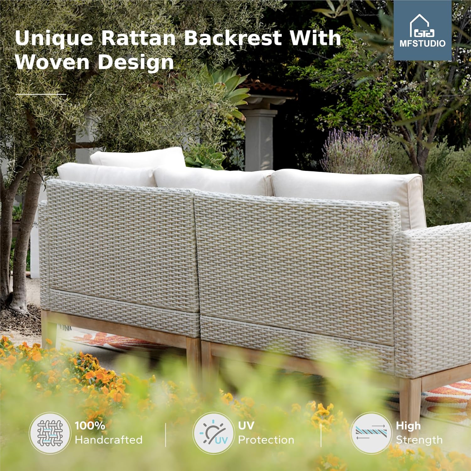 MFSTUDIO Wicker Patio Furniture Set, All Weather Rattan Outdoor Conversation Set with 2 Ottomans, 5 Pieces Patio Sectional Modular Sofa Couch Set with Wood Coffee Table, Beige Cushions