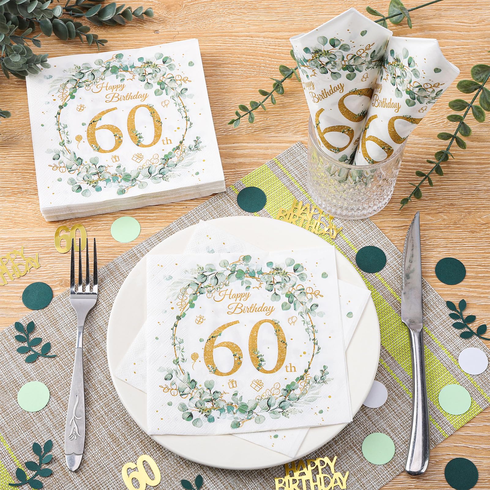 Eukalyptus Geburtstagsservietten – 40 Stück, 32,5 X 32,5 Cm, Für 60. Geburtstag & Mottopartys