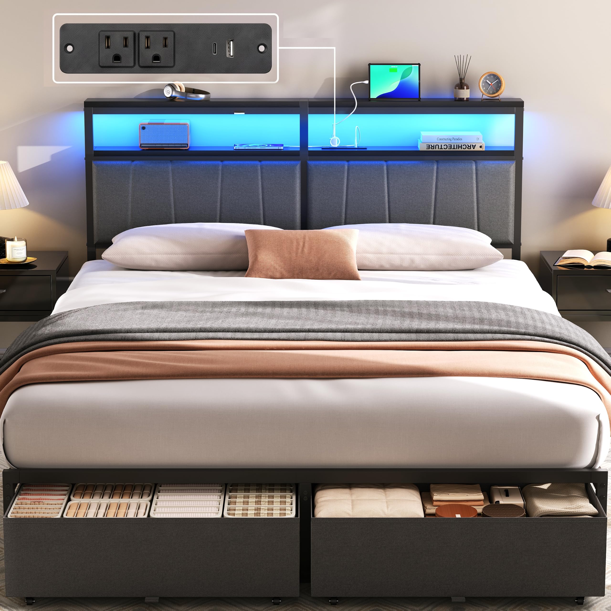Queen Bed Frame with Storage Drawers and Charging Station, Grey