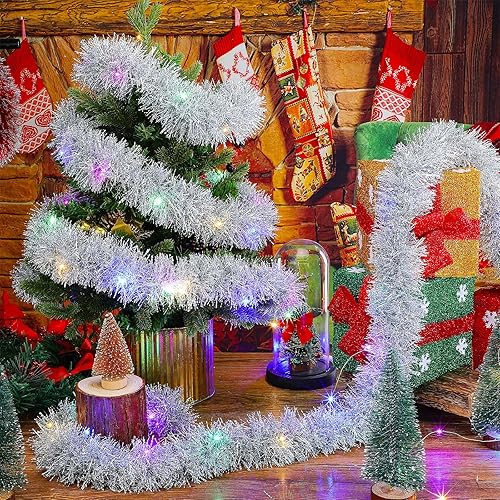 Miniatura 3 de Giegxin Guirnalda de oropel de Navidad de 32.8 pies, guirnalda iluminada, decoración de árbol de Navidad con luz LED, punta de escarcha, serpentinas