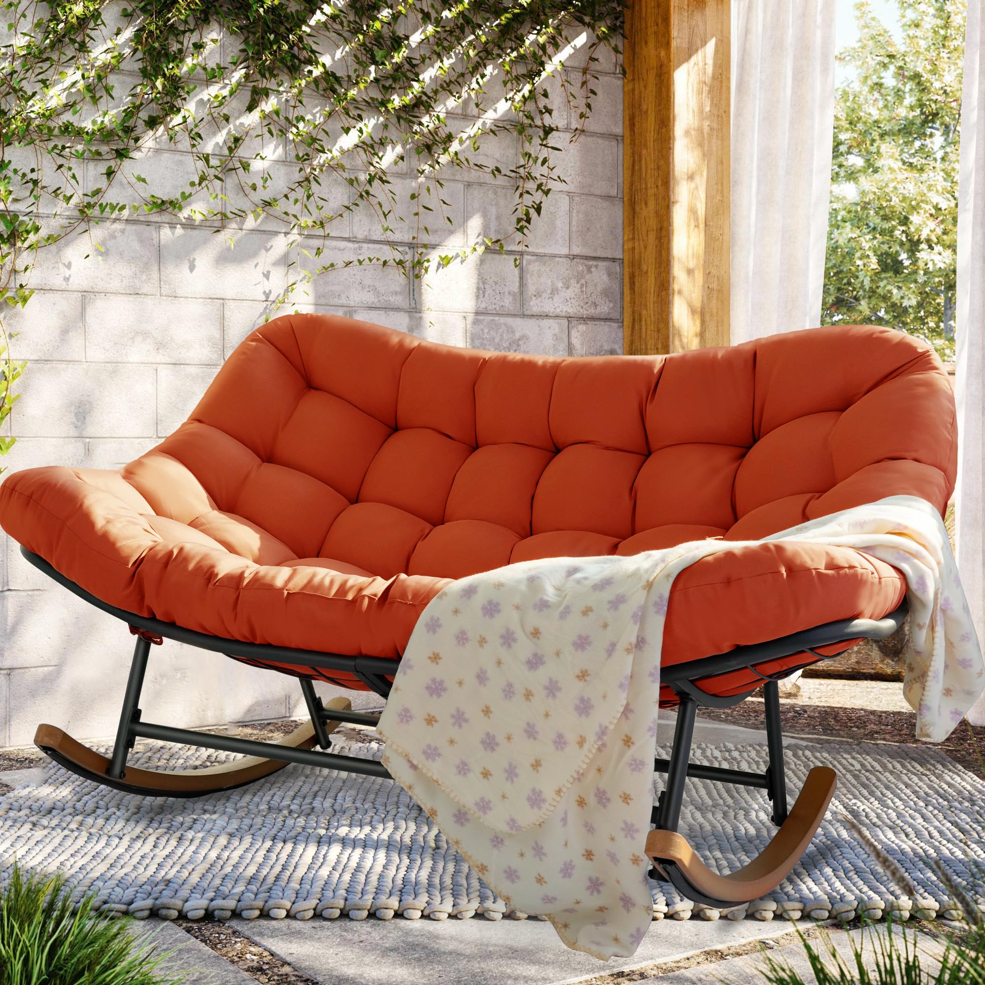 TXGDPIONEER Rocking Papasan Chair,Patio Rocking Chairs for 2-Person Indoor & Outdoor,Oversized Rocking Chair with Thicken Cushion and Steel Frame,