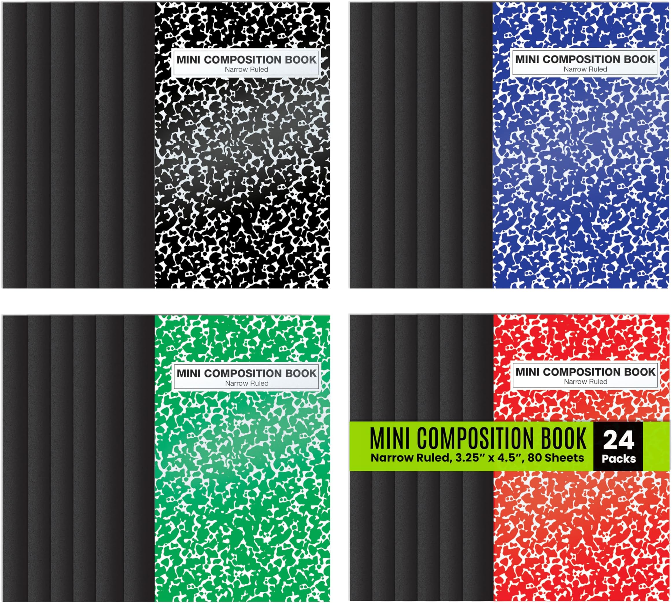 Better Office Products Mini Composition Books, 24 Pack, 4.5 x 3.25 inches, 80 Sheets, Narrow Ruled, Marble Covers in Red, Blue, Black, Green, 24 Pack