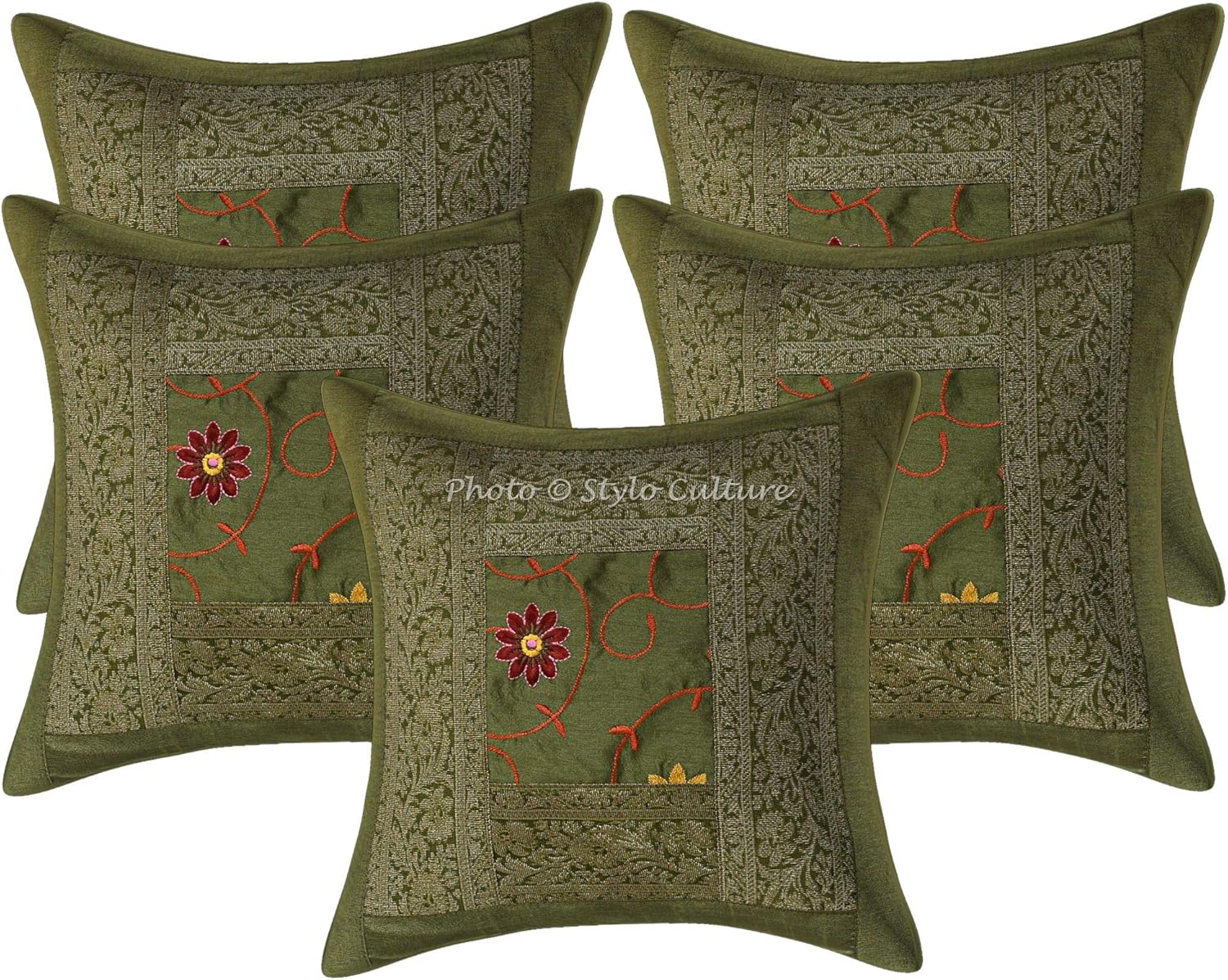 Indian Decorative Sofa Couch Accent Throw Pillow Covers 40x40 cm Polydupion Living Room Olive Green Floral Embroidered Brocade Patchwork Square Ethnic 16x16 Inch Cushion Covers - 5 Pcs