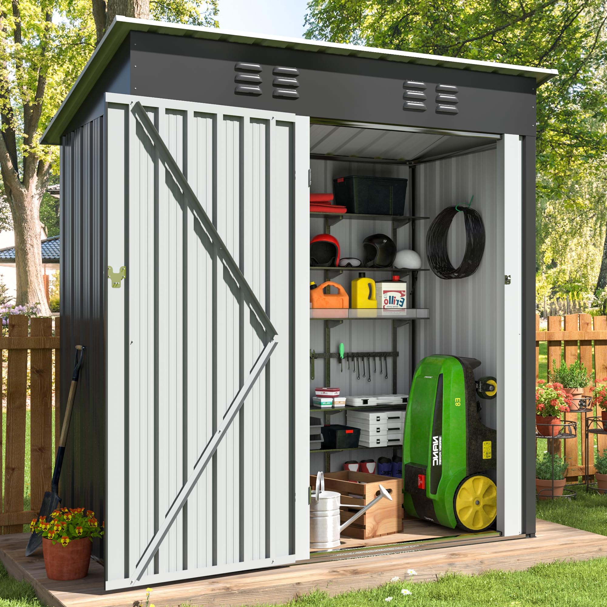 4.5x2.5 FT Outdoor Storage Shed, Large Garden Shed with Updated Frame Structure and Lockable Doors, Metal Tool Sheds for Backyard Garden Patio Lawn, Black