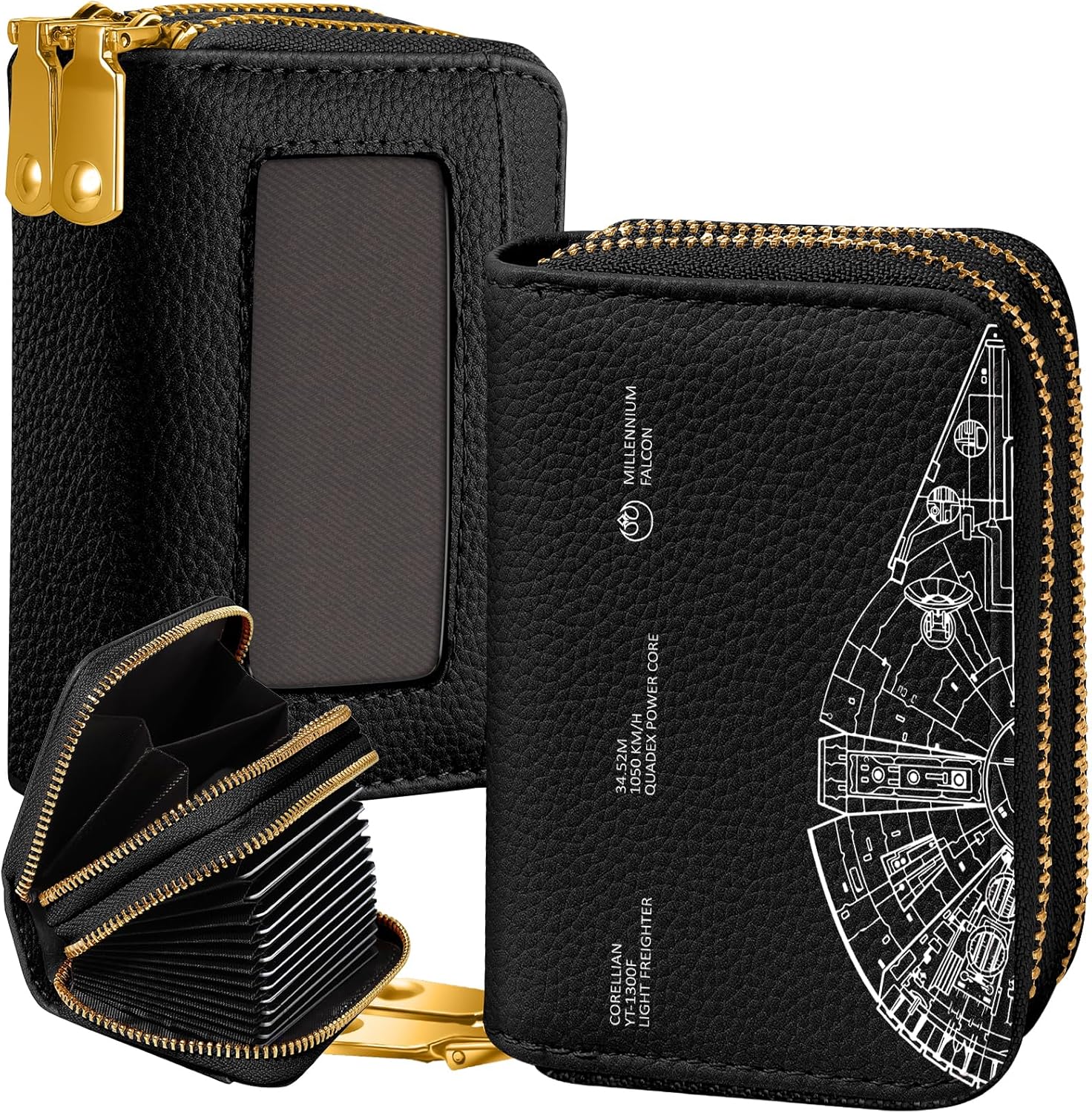 Credit Card Holder for Women - RFID Women Wallet Leather Card Wallet for Ladies Girls Female Aesthetic Cute Wallet with Card Slots Coin Cash Zipper Purse & ID Window, Spaceship