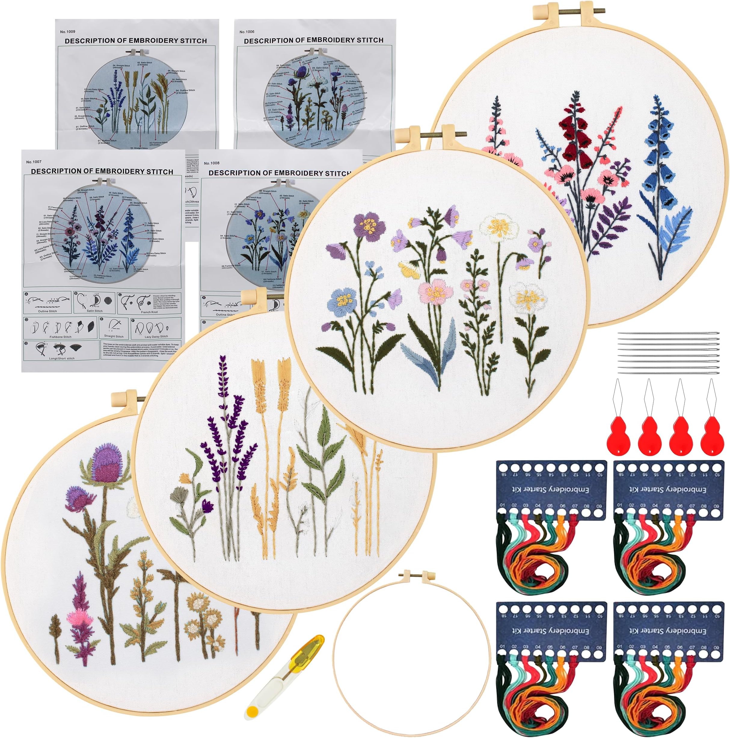 Maydear 4 Sets Embroidery Kit Punch Needle Kit,Embroidery Kit for Beginners Adults Cross Stitch Kits with Embroidery Hoop and Instructions, Hand Embroidery Starter Kit (Embroidery kit Flowers)