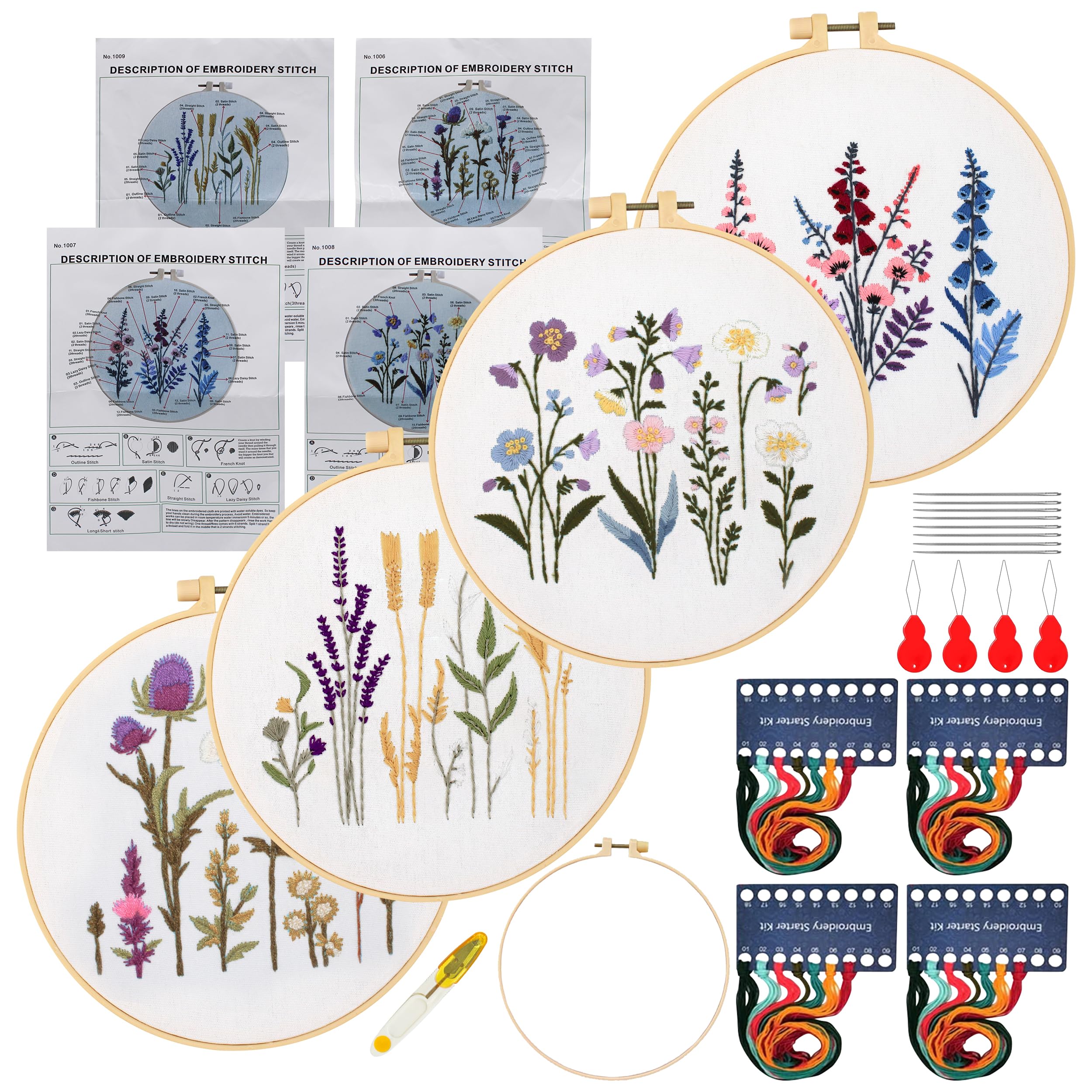 Maydear4 Packs Embroidery Starter Kit with Pattern, Stamped Cross Stitch Kits for Beginners Adults with Embroidery Hoop and Instructions, Hand Embroidery Kit (Many Flowers)