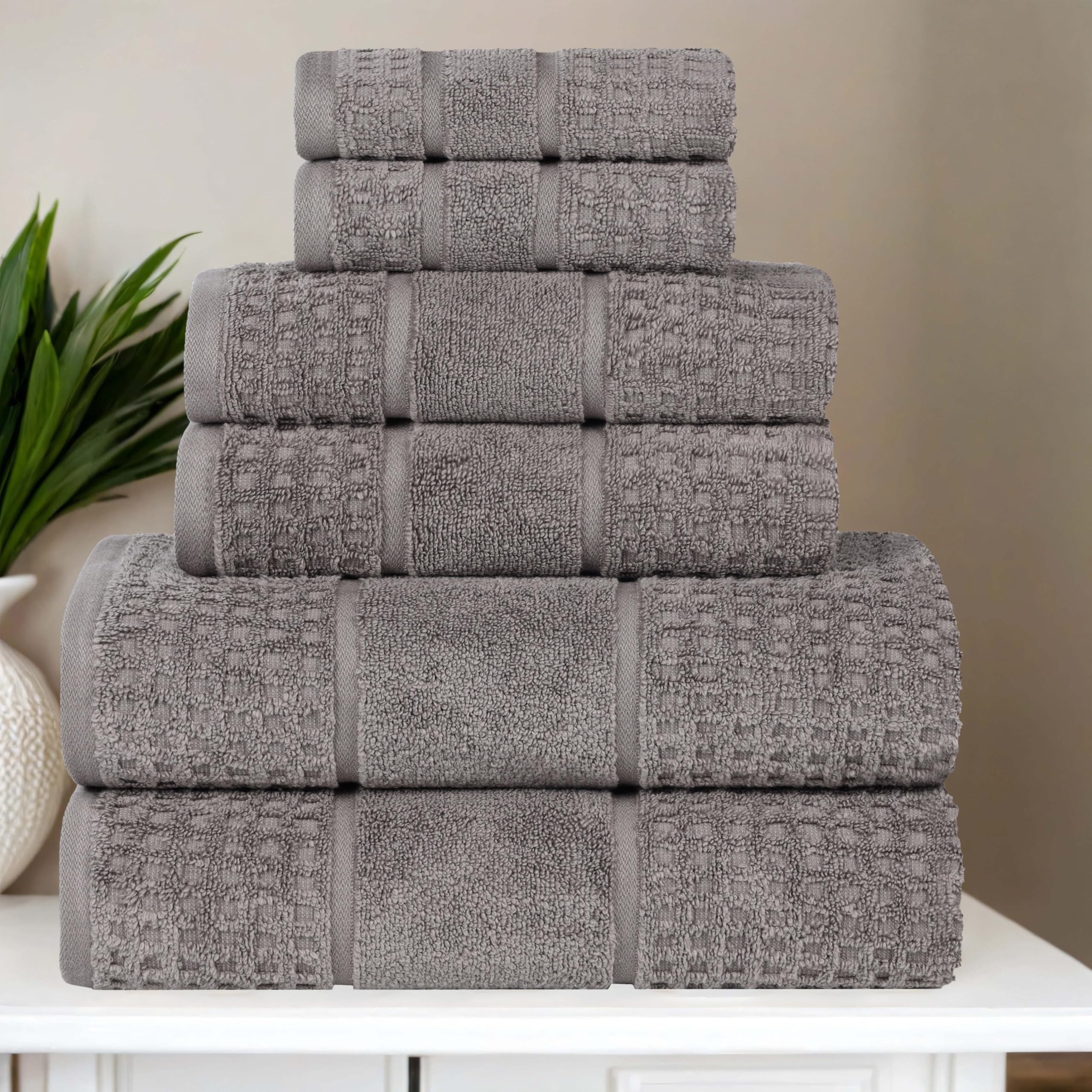 Superior Cotton 6-Piece Towel Set, Zero Twist, Waffle Border, Bathroom Essentials, Shower, Spa, Luxury Plush Soft Absorbent Towels, Includes 2 Bath, 2
