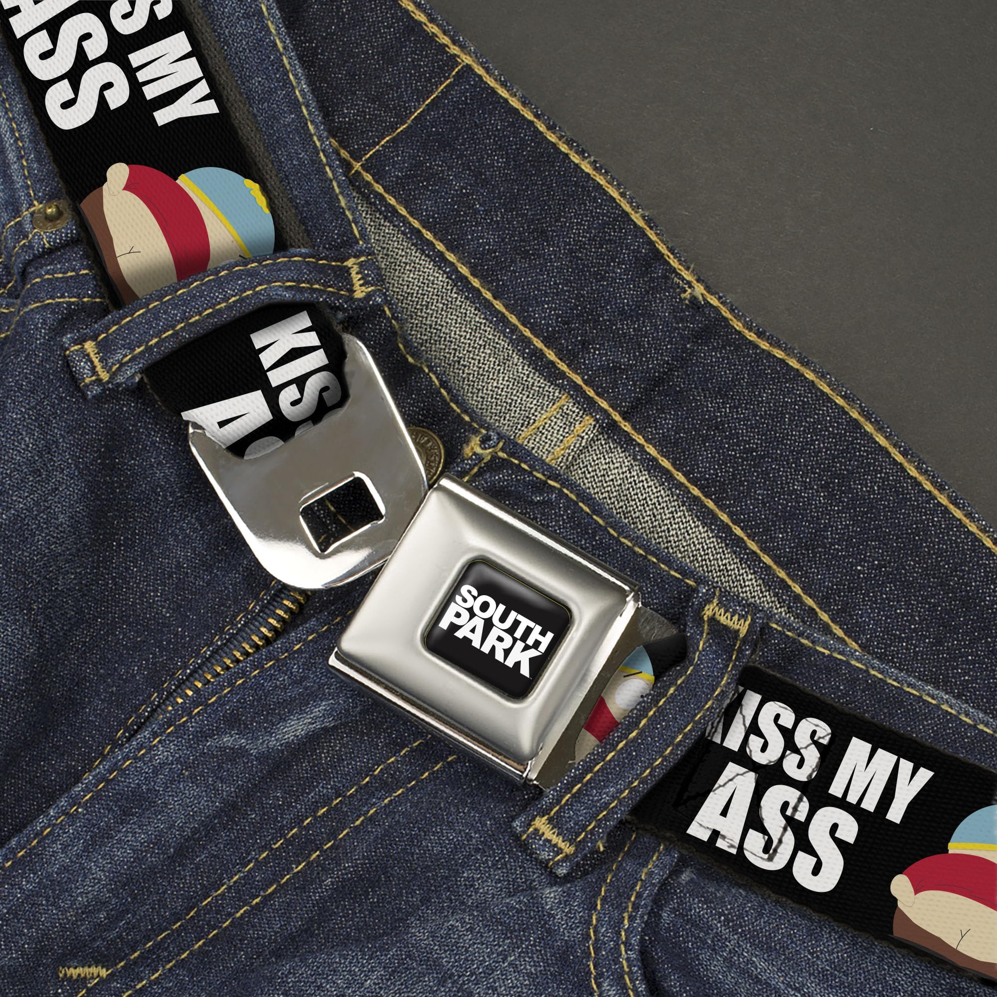 Comedy Central Belt, Seatbelt Buckle Belt, South Park Cartman Pants Kiss My Ass Pose Black White, Youth 20 to 36 Inches