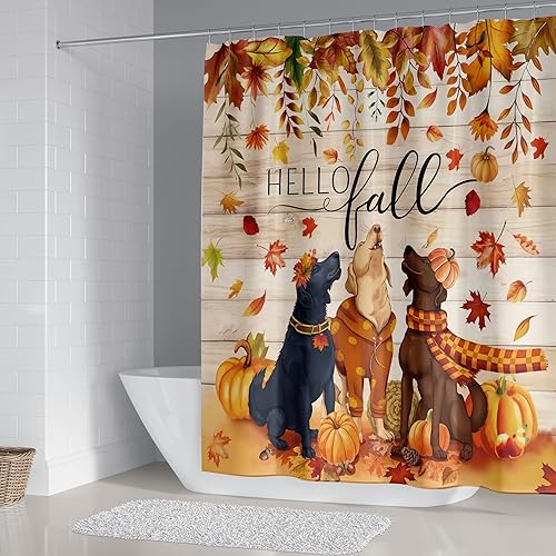 Miniatura 3 de Juego de 4 cortinas de ducha de otoño con diseño de calabaza y hojas de arce para perro, cortina de ducha impermeable con alfombra de baño