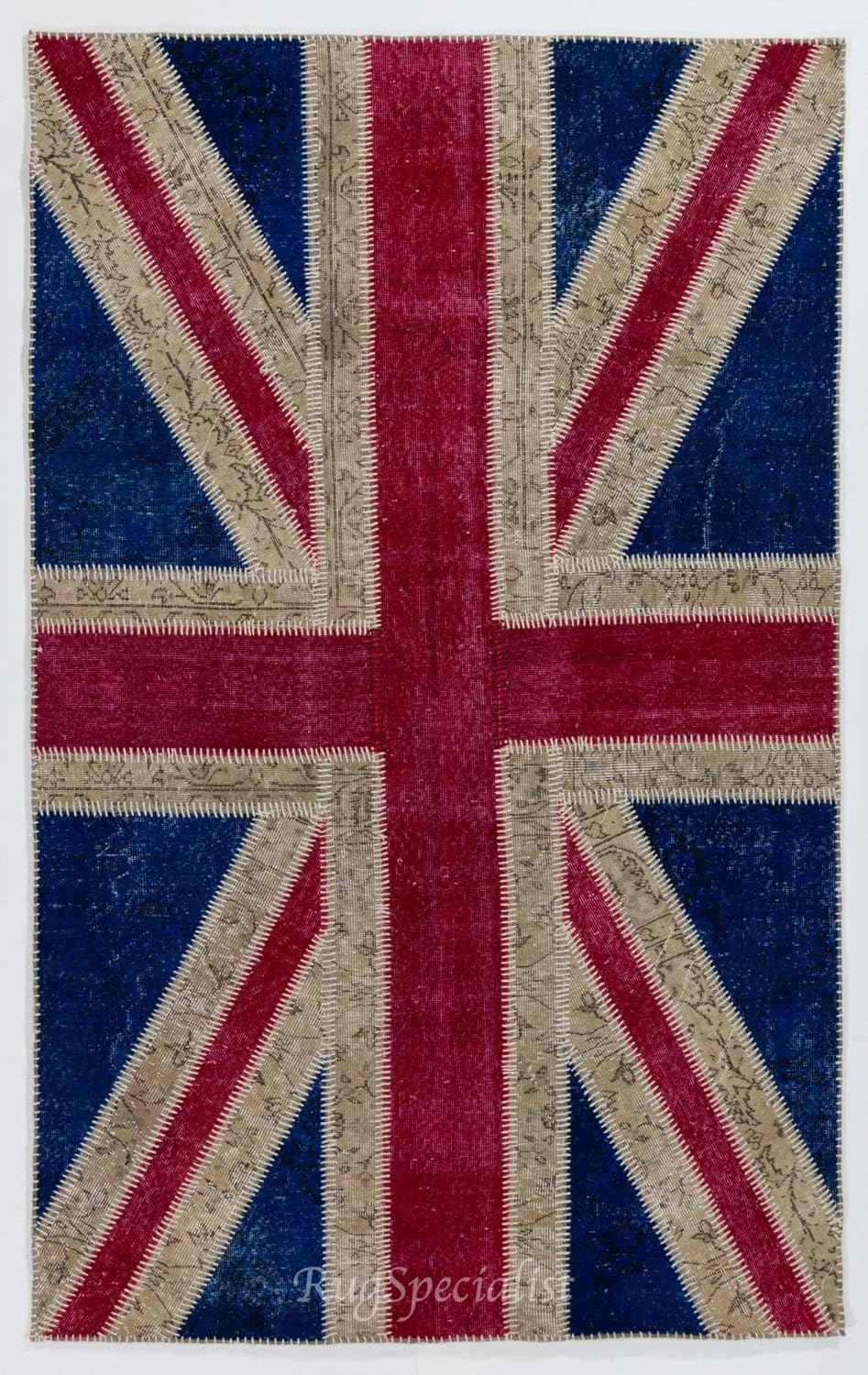 Modern Handmade Patchwork Rug with Union Jack British Flag Design, Wool and Cotton Turkish Carpet. Custom Colors & Sizes Available. D540