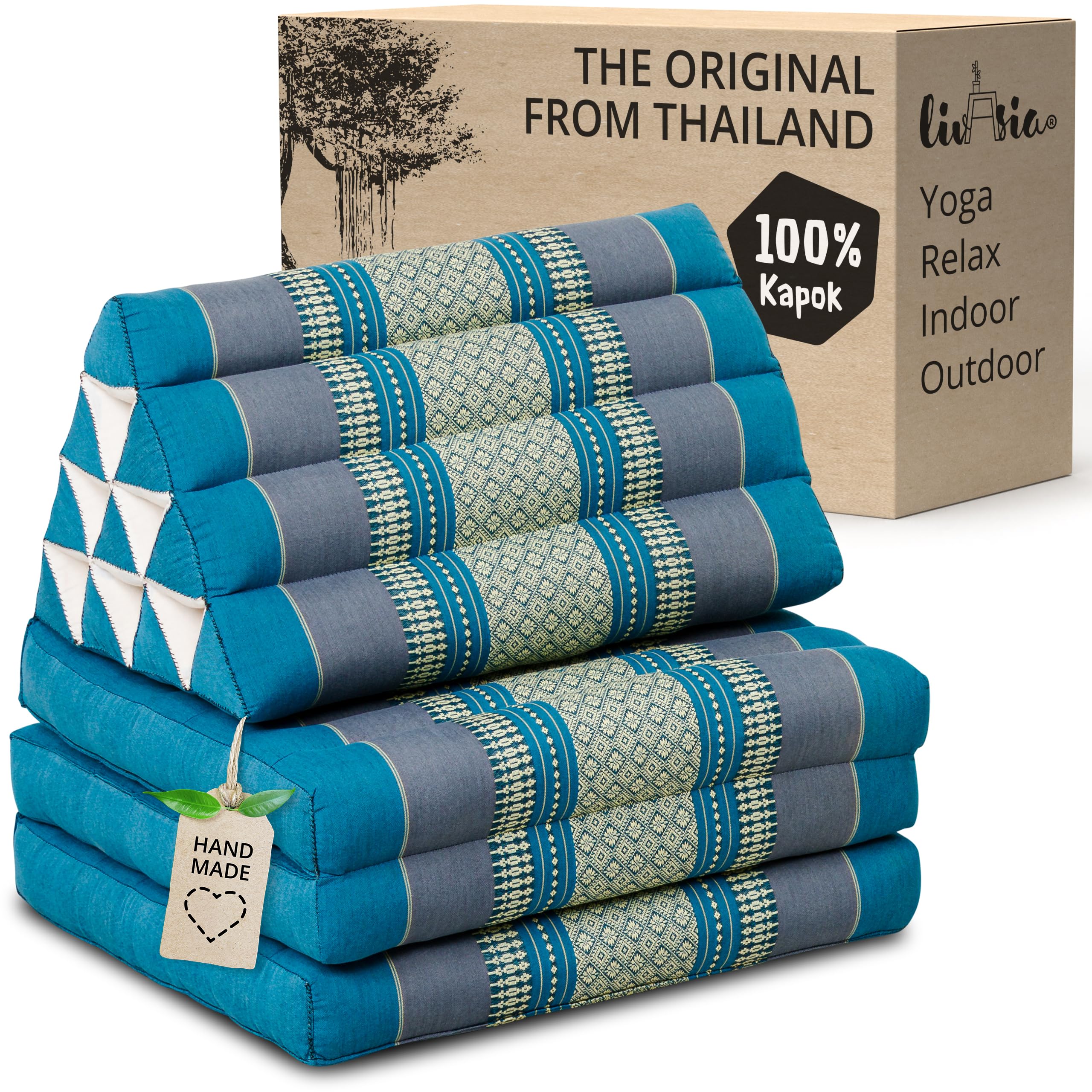 livasia Thai cushion with 3 seat rests - 69x20x3.1″ - Triangle cushion with folding mattress, Wedge cushion, kapok, Back support cushion, folding, Thai mat, folding, Hand made (Light Blue)