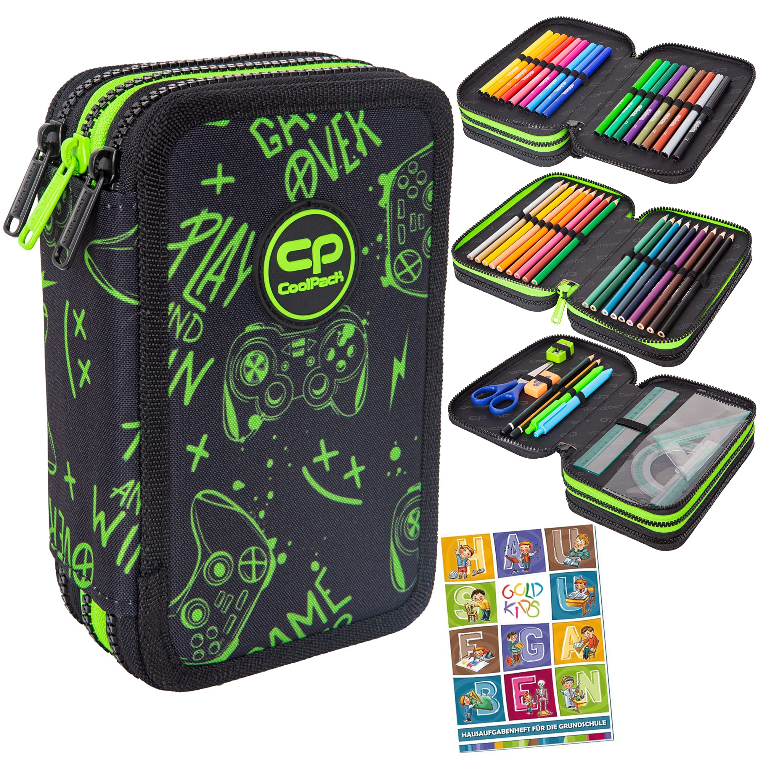 Goldkids Federtasche 3-fache Federmappe Game Night Federmäppchen 46-teilig gefüllte Schüleretui Stifte und Pinsel inkl. Aufgabenheft Federbox Etui Stiftetasche Schlamper-Etui Schul-Etui