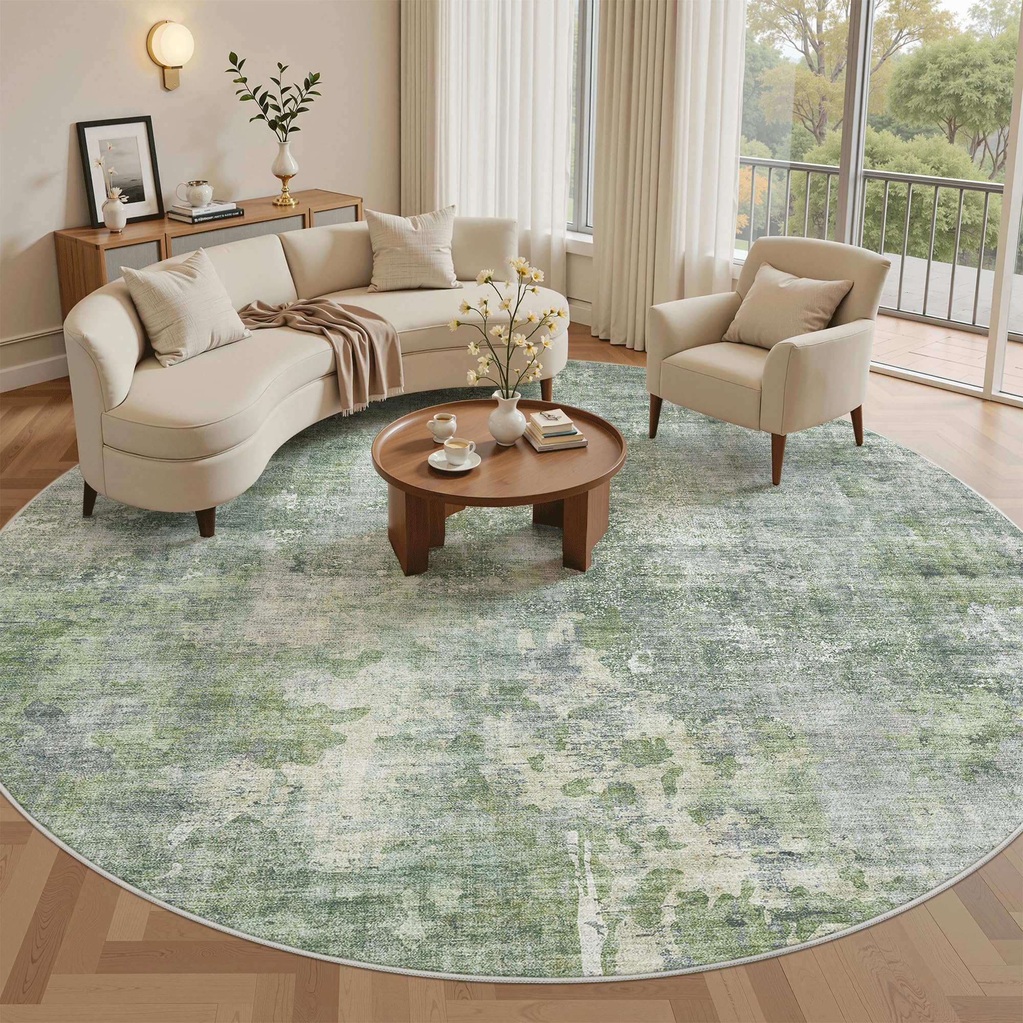 Soalmost Round Rugs 9ft Living Room Circle Area Rug 9x9 Green/Ivory Vintage | Washable Non Slip Abstract Carpet for Apartment, Dining Bedroom, Soft Low Pile Stain Resistant Foldable Floor Mat Entryway Green/Ivory 9' (Round)