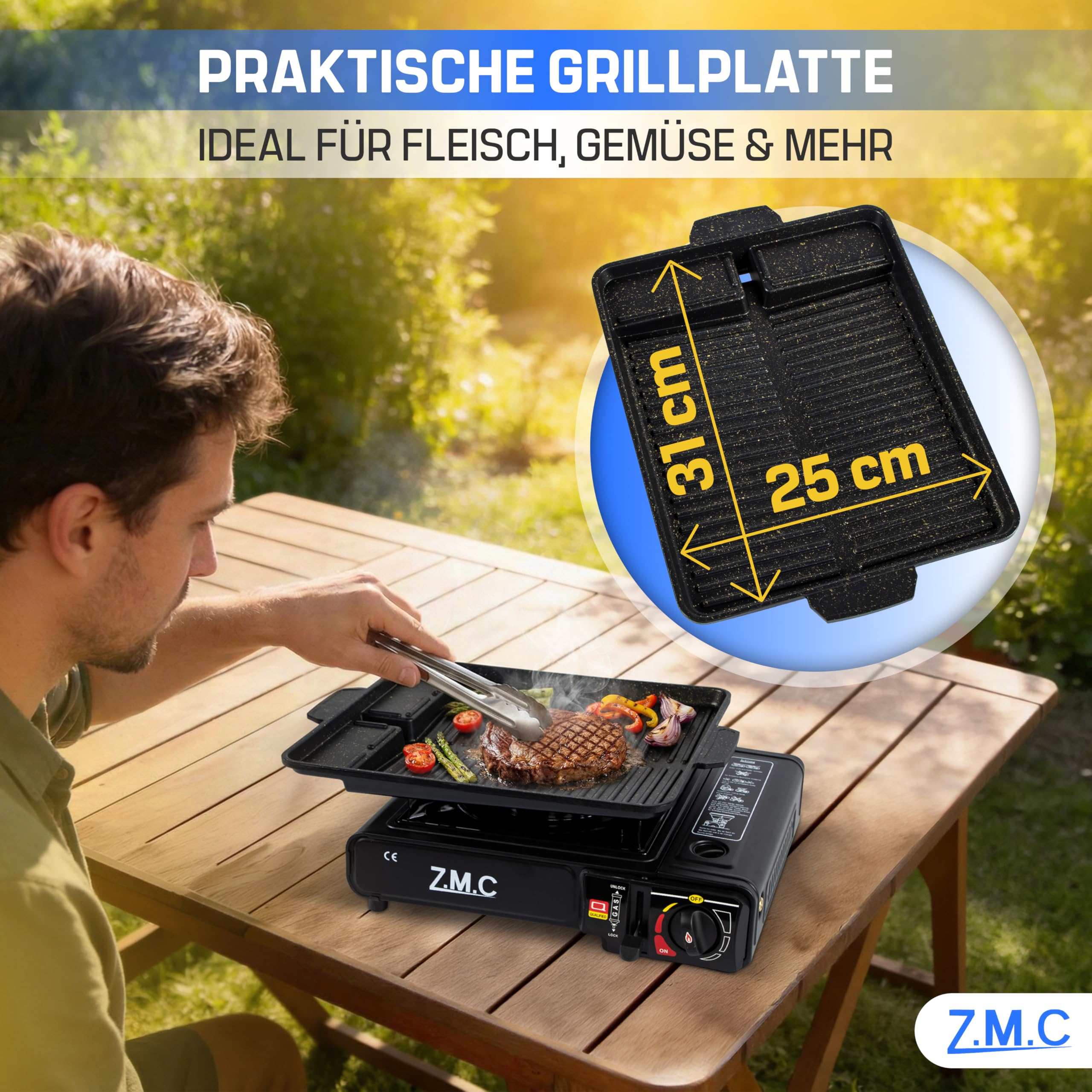 Z.M.C Gaskocher 1-flammig 2,2 kW | Campingkocher mit Piezo-Zündung, Transportkoffer & LPG-Adapter | Optional mit Gaskartuschen 227g & Grillplatte | für Camping, Outdoor & Notfall
