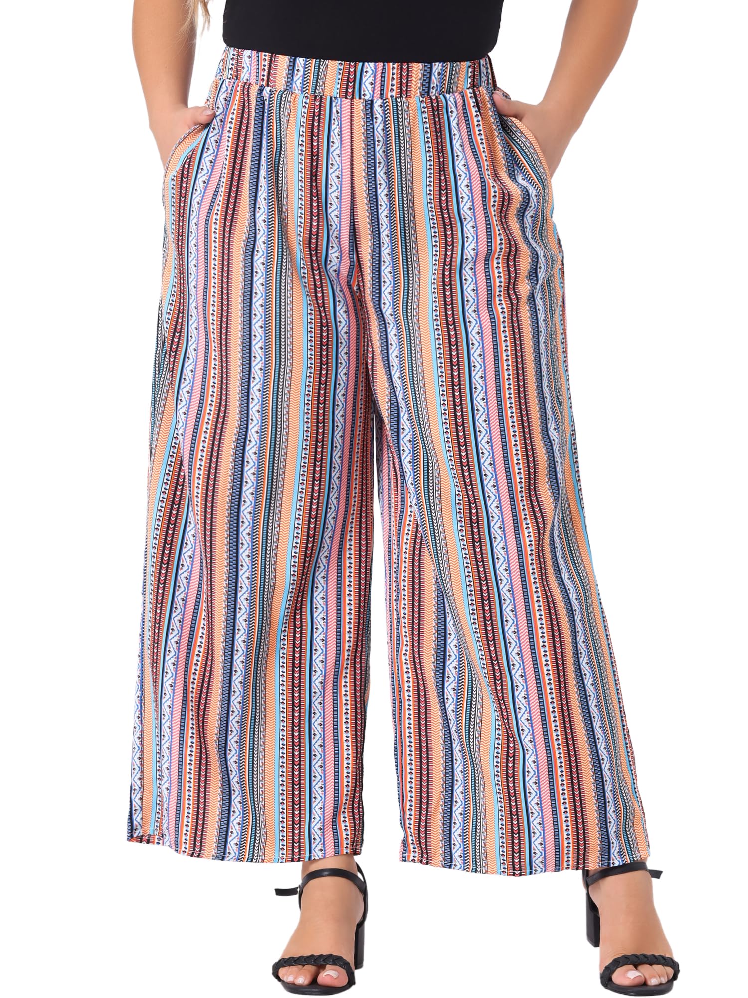 Agnes Orinda Plus Size Palazzo Pants for Women Stripe Boho Wide Leg Paper Bag Pants Beach Casual Summer