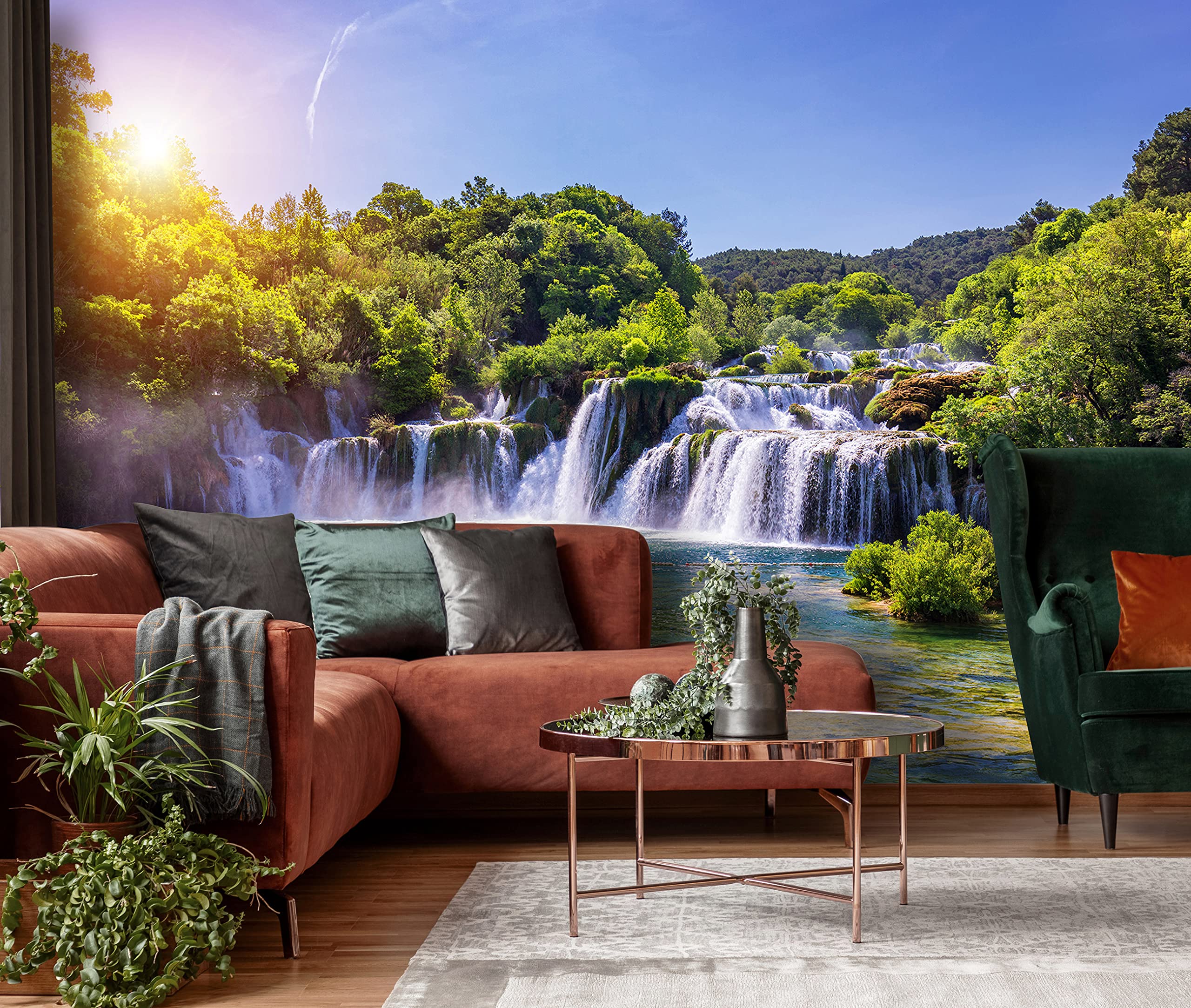 WallArena Vlies Fototapete Wasserfall Landschaft Grün Natur Wald 368x254 cm | Hochwertige Vliestapete, für Wohnzimmer Schlafzimmer, Vliestapete Wandtapete Tapete 3D Effekt- inkl. Kleister