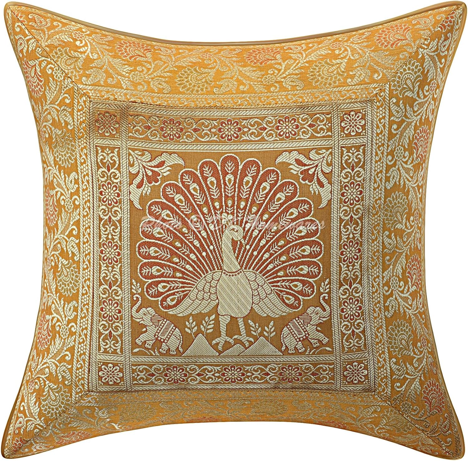Indian Throw Cushion Covers 16 Inch Brocade Jacquard Weave Ethnic Square Peacock Cushion Covers (Size - 40x40 cm ; Color: Mustard Yellow & Gold) - Set of 4 Pcs (Cover Only)