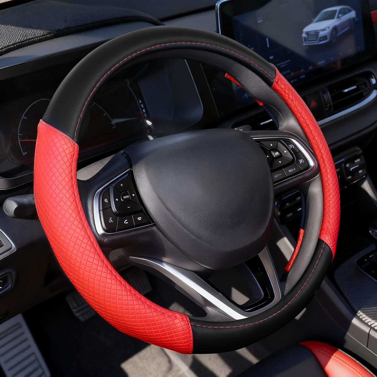 Steering Wheel Cover for Ford Bronco 1987-1996, 2020-2025, Car Steering Wheel Cover for Women Men, Nappa Leather Anti-Slip, Car Interior Accessories, Standard Size (14.5"-15" - Black & Red)