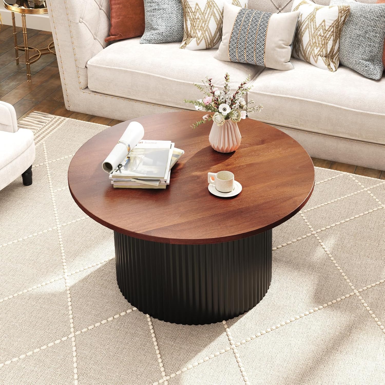 Giantex Round Coffee Table, 32" Wooden Accent Cocktail Tea Table with Solid Wood Veneered & Fluted Design, Mid Century Modern Center Table for Living Room, Black & Walnut