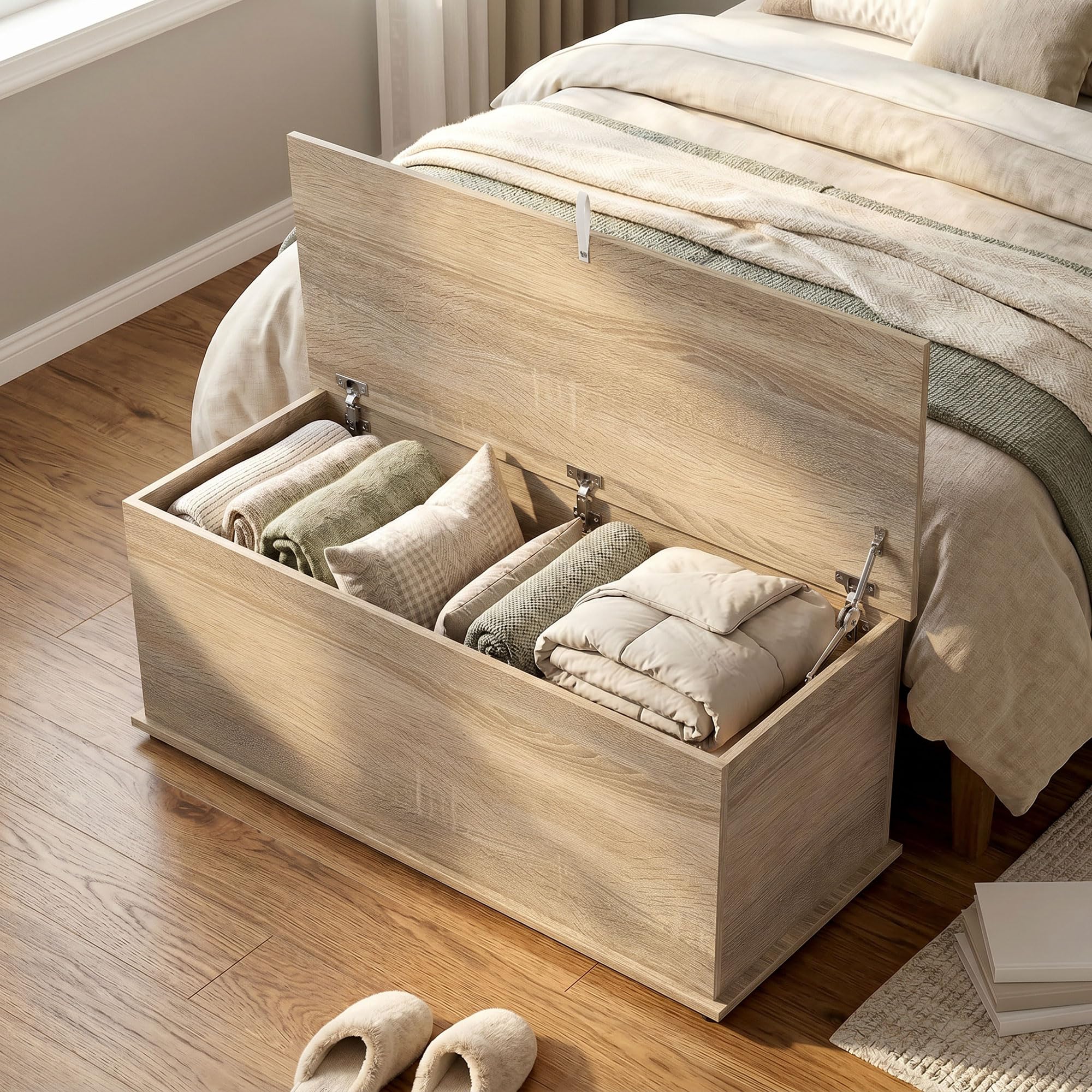 HOMCOM Aufbewahrungsbox, Bank mit Klappdeckel und Sicherheitsscharnieren, Schuhbank, Eingangsmöbel, Flur, Schlafzimmer, Wohnzimmer, 100 x 40 x 40 cm, Naturholzoptik