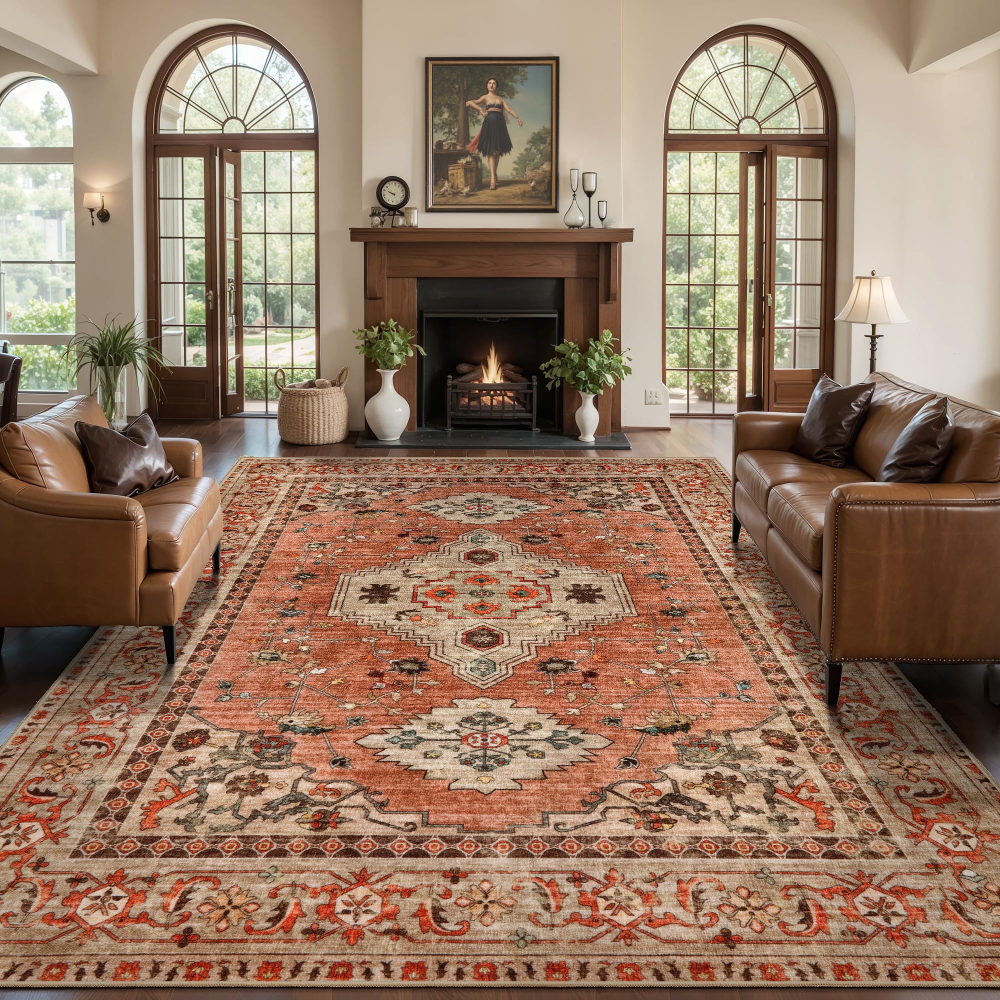 Grand tapis vintage lavable terre cuite pour salon et chambre