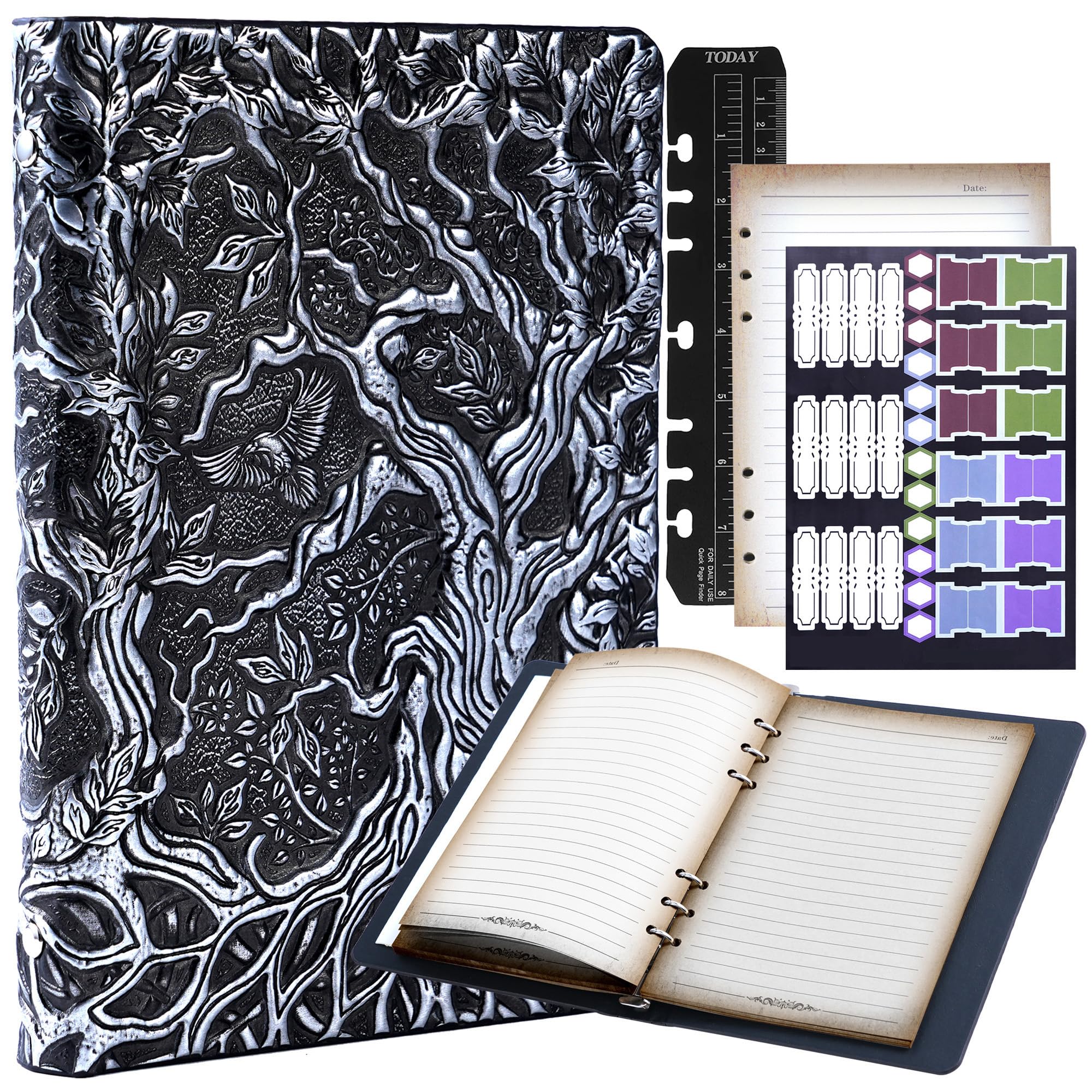 DND Notizbuch Journal nachfüllbar Binder - Story Forge 400 Seiten (200 Blatt) mit atemberaubendem 3D Baum des Lebens Design - Perfekt für Dungeons and Dragons (D&D) mit Bonus-Tabs und Lineal (Silber)