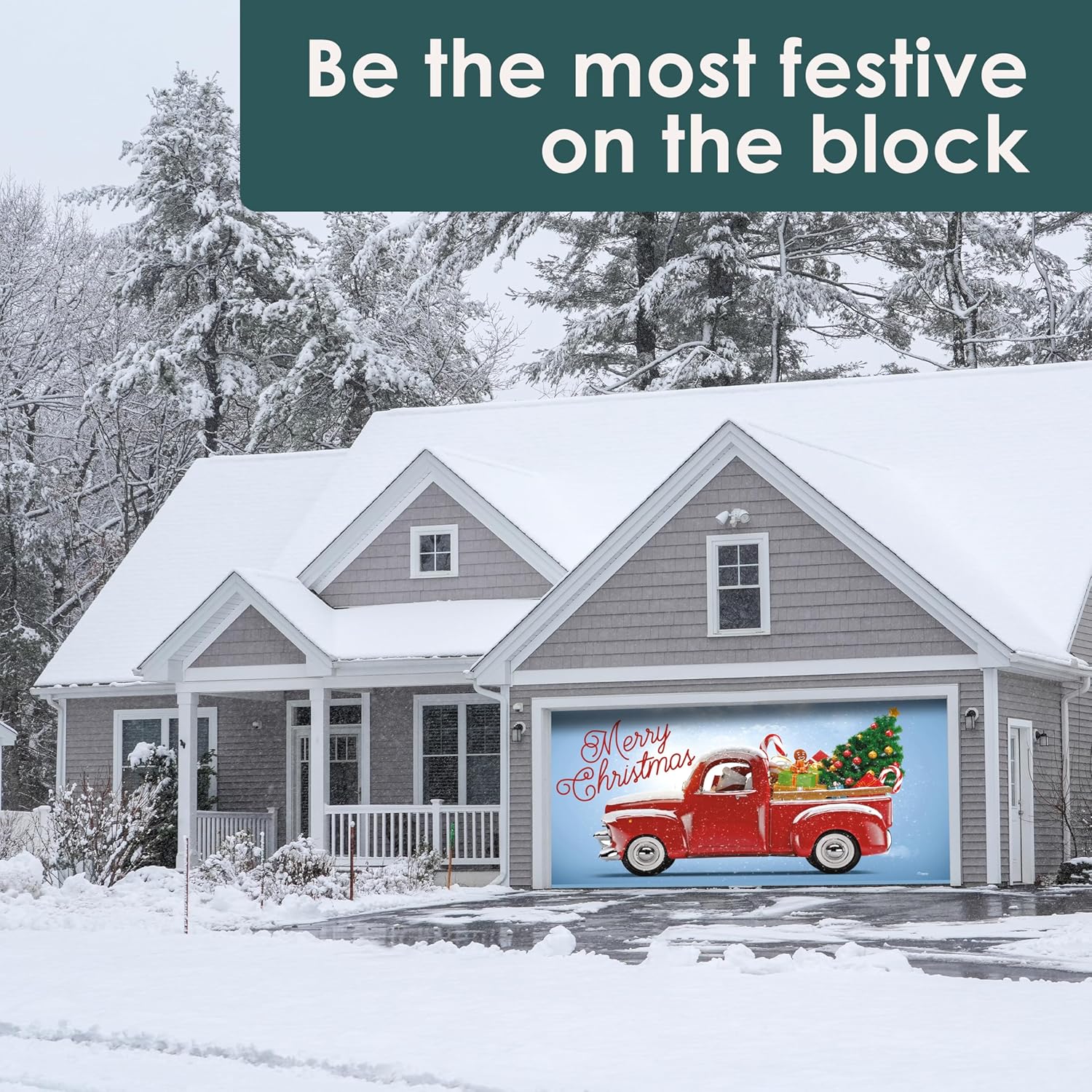 7' x 16' Red Truck Christmas Tree Garage Door Banner - Designed to Move with Door | Classic Holiday Cheer Double Garage Door Decoration